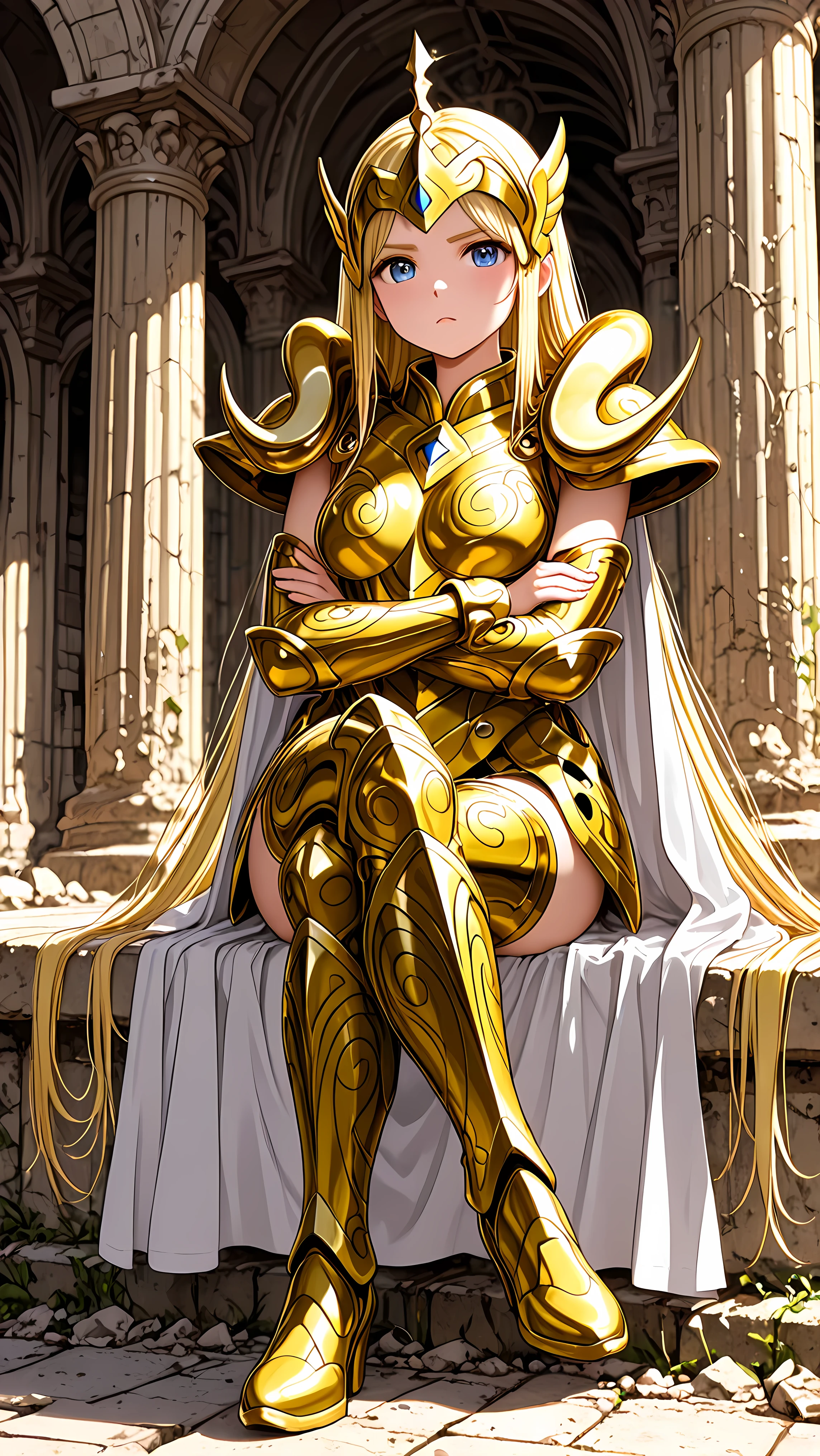 extremely detailed, anime design, intricate anime 2D graphics, intricate details, Lovely Youthful girl, flushed face, intricate detailed face, ((little cute teen girl)); round breasts, Pretty little girl in the Greek temple completely in ruins,flushed shame face ,((very long straight hair)); (((wearing a Golden armor aries)))); long white cape;(((( firm breasts)))); ((arms crossed)), ((sittig with crossed legs)); stunning drawn,) , Aesthetic_PDXL, detailxl, (masterpiece,detailed:1.2)