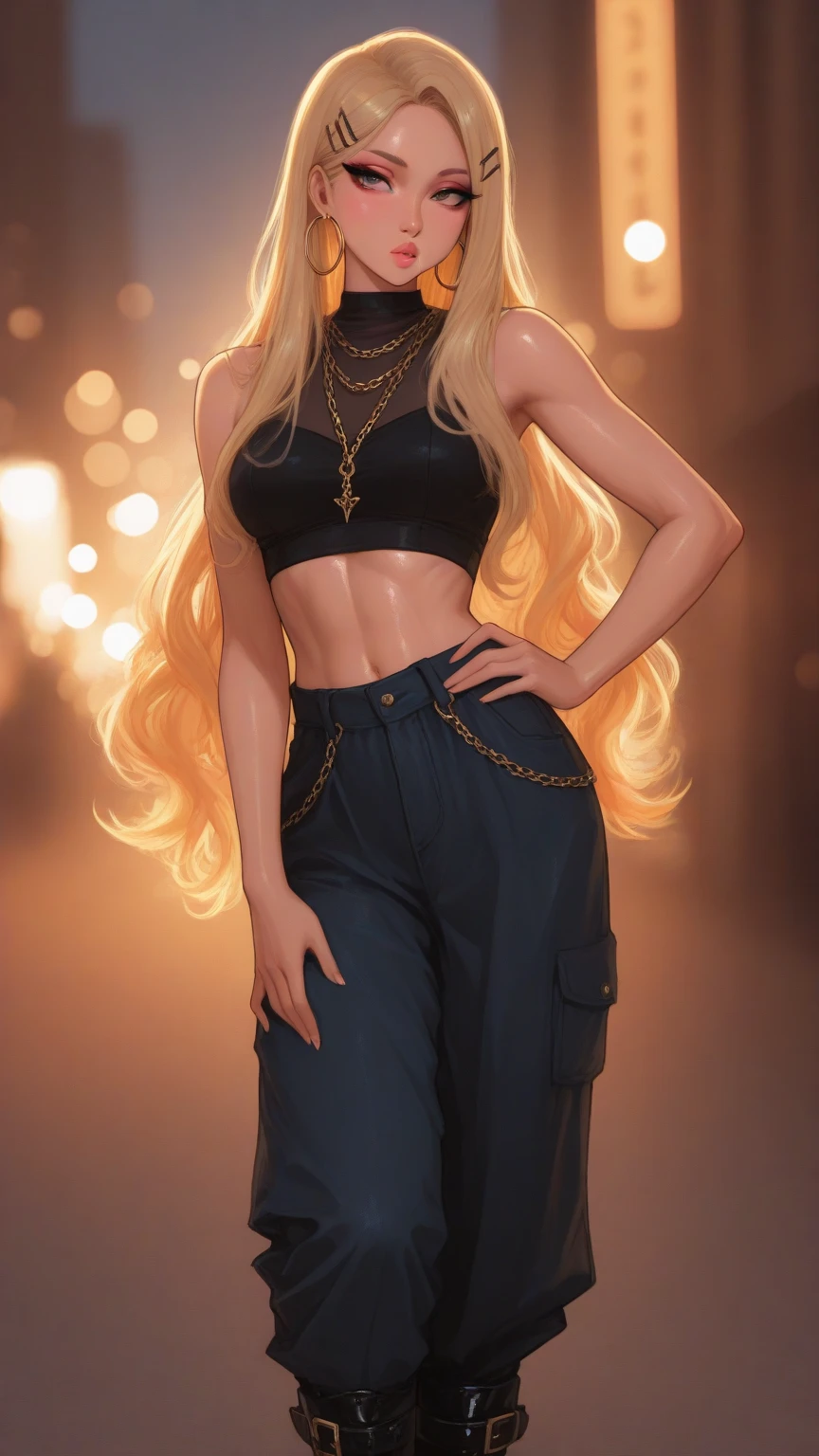 Beautiful woman with long straight ponytail blond hair with blue eyes wearing a Black Tight Leggings With Golden Dragon Prints, a Red Criss Cross Mock Neck Short Sleeves Blouse With Phoenix Prints, luxurious jewelry and a luxurious necklace, 18k gold wedding ring on left hand, standing in a balcony at night of full moon, (caucasian skin), (light brown lipstick), (elegant mascara), (slim body with abs), (small ), (wide ), midjourney, <lora:GoodHands-, <lora:GoodLegs-, UHD, high resolution, (masterpiece:1.1, best quality), (expressive eyes, perfect face, full body, expressive face, perfect body, perfect pussy, athletic, fit, slim body, blushing, Perfect makeup, eyeliner, beautiful eyelashes, smiling, face), ((best illumination, best shadows)), (( pose))