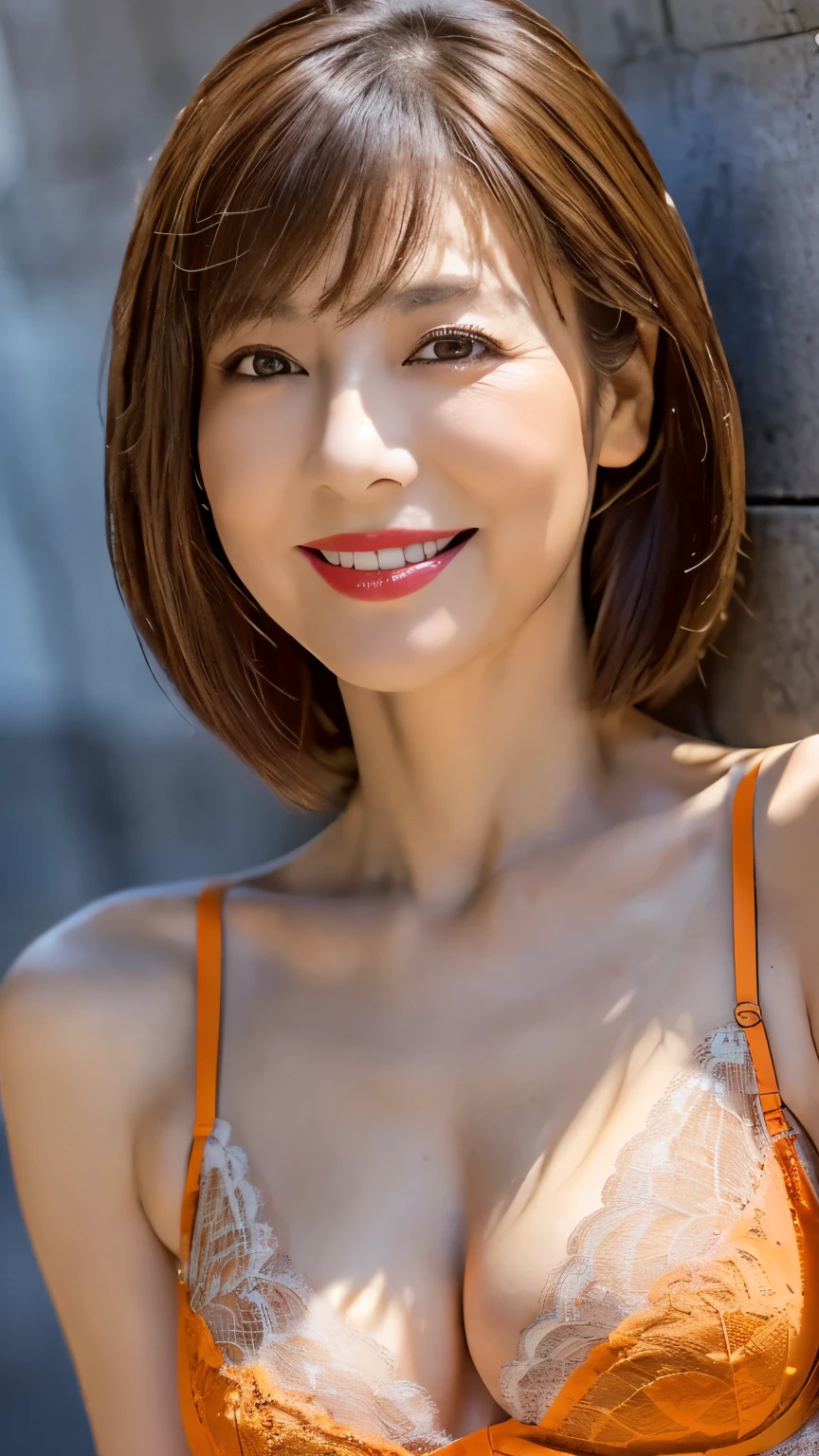  very detailed,  masterpiece ,  Highest Quality, (( realistic)) 、((mature 60 year old Japanese woman)) 、beautiful detailed eyes 、((makeup、Lipstick))、((Skinny )), ( Slim, skinny body:1.6)、((bright brown hair、Straight Medium Hair)), Elegant and sophisticated 、((upper body、from waist to head with camera))、((orange white lace bra:1.2))、((dark simple concrete wall))、((Smile))、