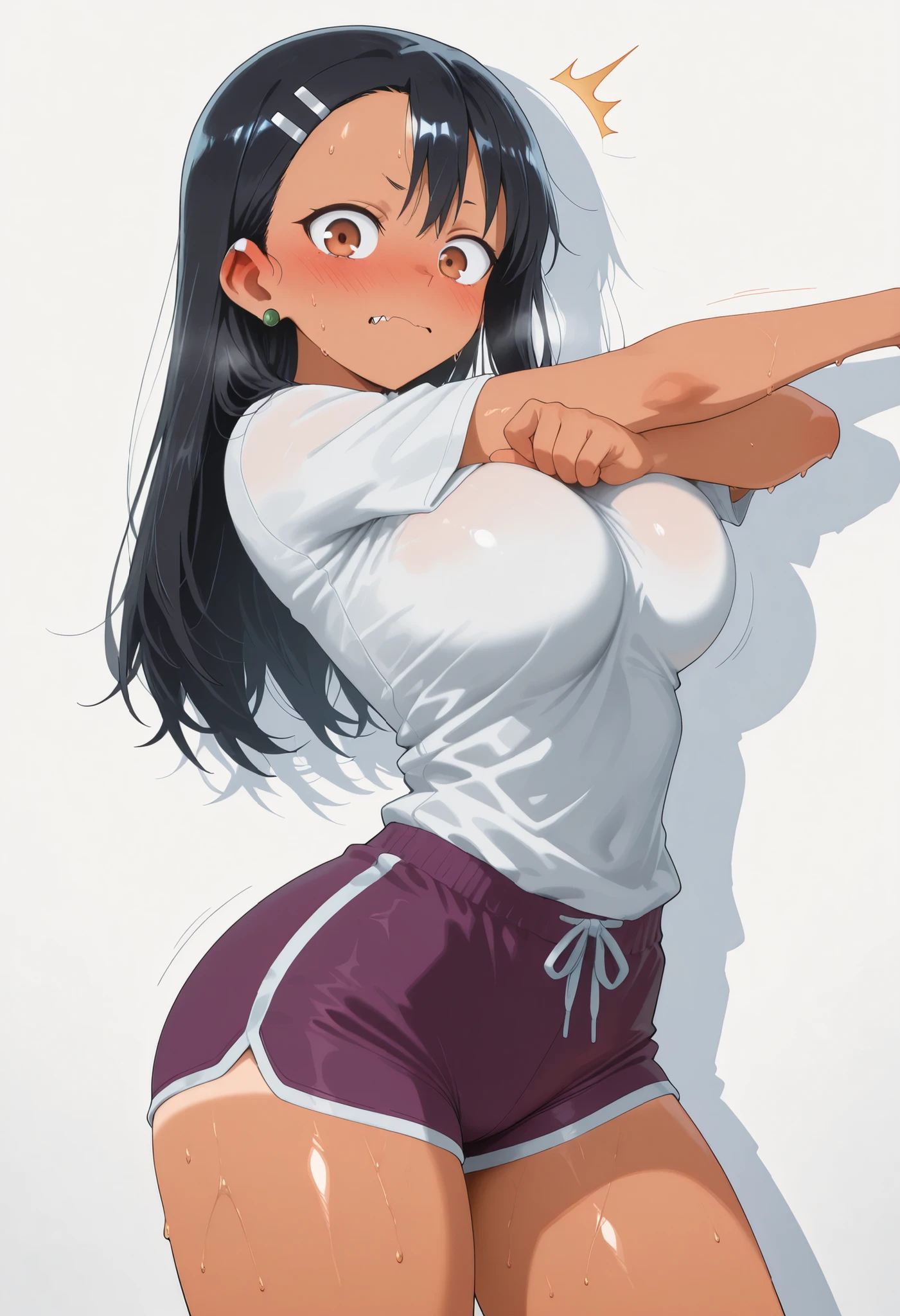 core_9, score_8_up, score_7_up, score_6_up, score_5_up, score_4_up, masterpiece, high quality, BREAK, 1girl, 1girl,, looking at viewer, nose blush, shiny legs, shiny body, shiny hair, clear skin, clear body, solo, thick thigh, thick thighs, solo, female, large breasts, looking at viewer, tan lines, large breasts, 1girl, hayase nagatoro, long hair, bangs, black hair, hair ornament, brown eyes, hairclip, fang, dark skin, dark-skinned female, tan, ,,,, dynamic pose, POSING, LARGE BREASTS, NOSE BLUSH, COVERED BREASTS,, ,, dynamic pose,, opaque clothes, LOOKING AT VIEWER, COWBOY SHOT,,, POSING, large breasts,, sweat, sweaty, sweaty:1.3, nose blush,, looking at viewer, nice legs, legs, standing, solo, female, shiny skin, shiny hair, shiny body, clear body, COWBOY SHOT,. High-resolution anime-style illustration, clean lines, smooth shading, and rich fabric details., opaque clothes, LOOKING AT VİEWER, opaque clothes, POSING,,, POSING, looking at viewer, NOSE BLUSH, LARGE BREASTS ,, alone, earrings, nose blush, solo, STANDING, POSING,, ,, ,, , , , ,, , , , , ,, , , , , ,, , ,      
         , LARGE BREASTS, PROFESSIONAL LIGHTING, LIGHTED BODY, thick thigs, wide hips, slim waist, POSING, STANDING UPRIGHT, THICK THIGS, OPAQUE CLOTHES, white background empty background, purple boyshorts, purple boxer briefs