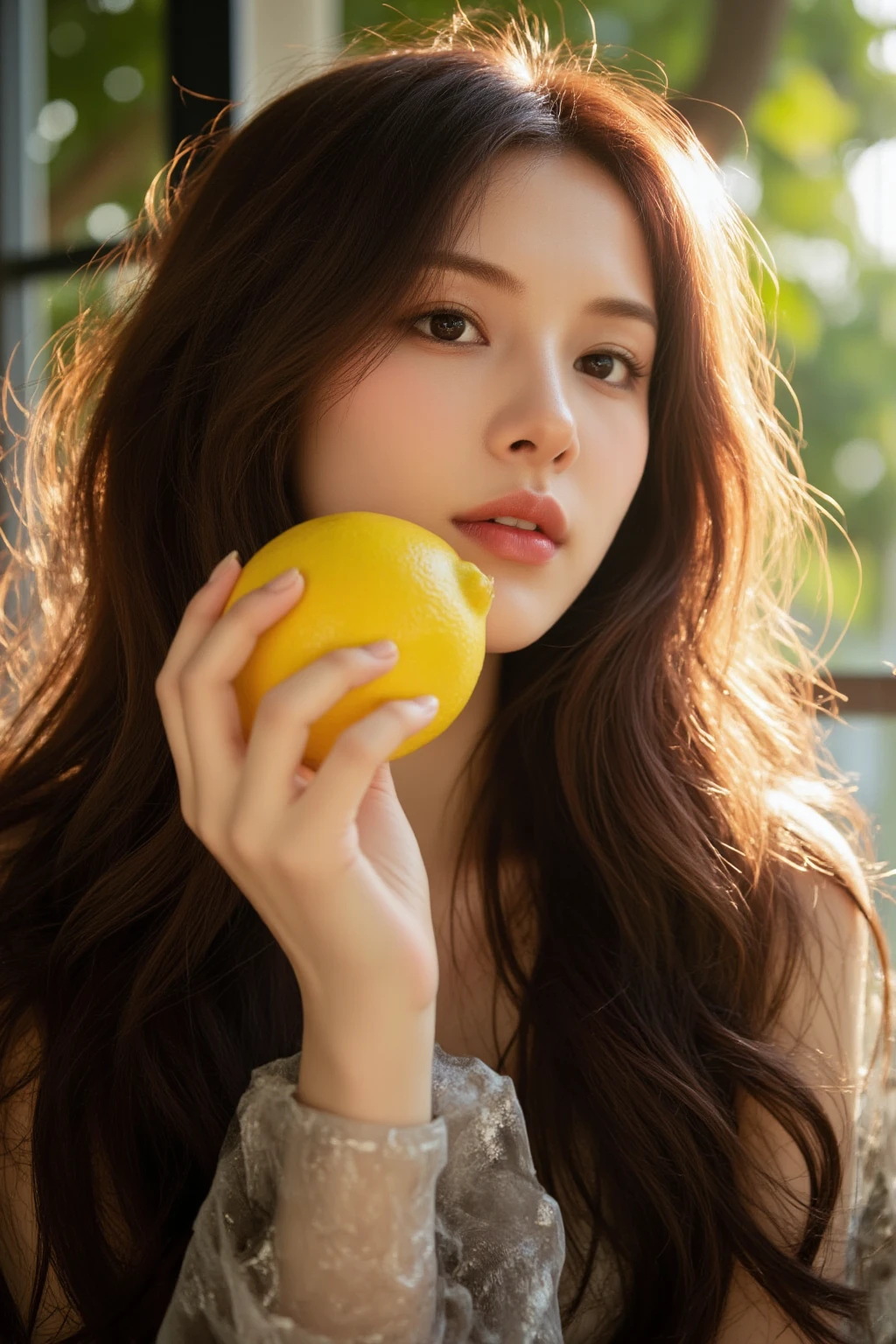 (Delicate face), (different face), (movie lighting), (ray tracing), (studio), (pink background), (textured skin), (4K), (best picture quality), (youthful vitality), (masterpiece), (detail), (full body), lively girl holding a banana, smiling at the screen in a different pose