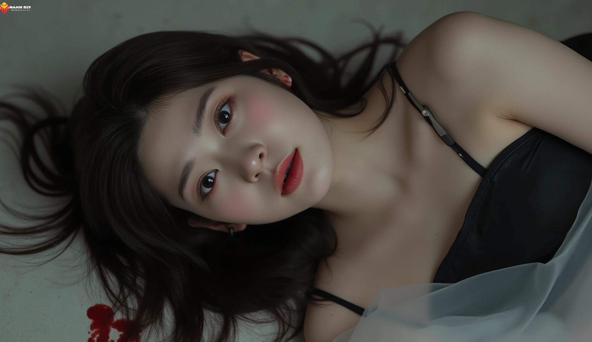 Masterpieces Best Quality (Wallpapers 8K Very High Detail) (best illustrations) (The best shadow) Realistic light, high definition, very realistic 30 year old Asian woman, good looking, lying naked, she was shot in the forehead, a bullet wound in the middle of her forehead, a bullet hole on her forehead bleeding a little, no hair covering her face, her eyes were wide in fear, her mouth was open, her face was full of emotion, showing an orgasm. Sexually, but she was dead, lying in a black body swaddling bag on a floor of blood-stained plaster.