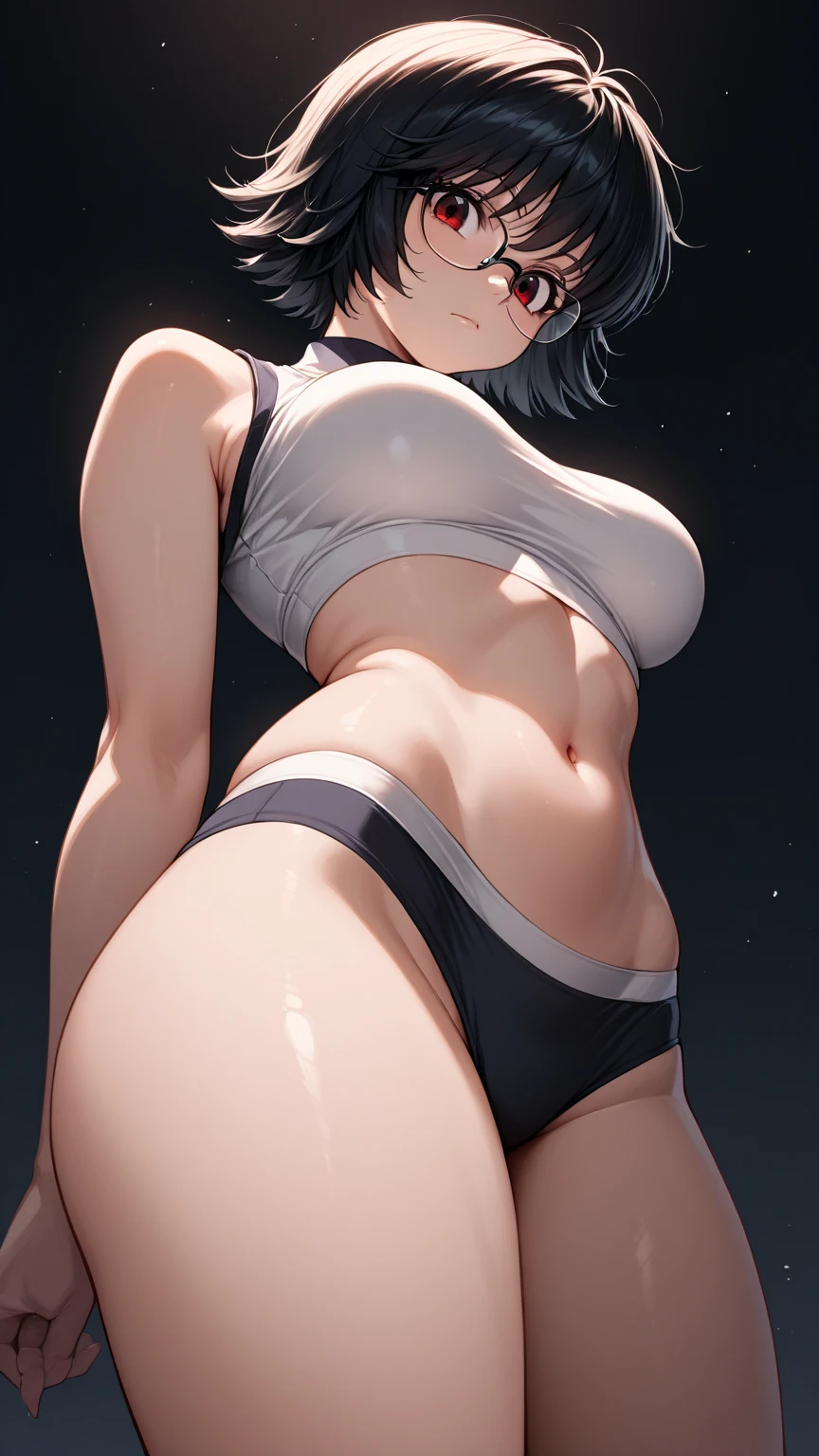 Create an image featuring a stylish girl in a swimsuit. The girl should be cute with light brown, bob-cut hair. She should have a sad, almost tearful expression on her face. Her pose should be kneeling, facing away from the viewer. Compose the image such that her buttocks are larger and prominently centered in the frame, with her tearful expression still visible. Ensure the focus on her buttocks is even more pronounced.