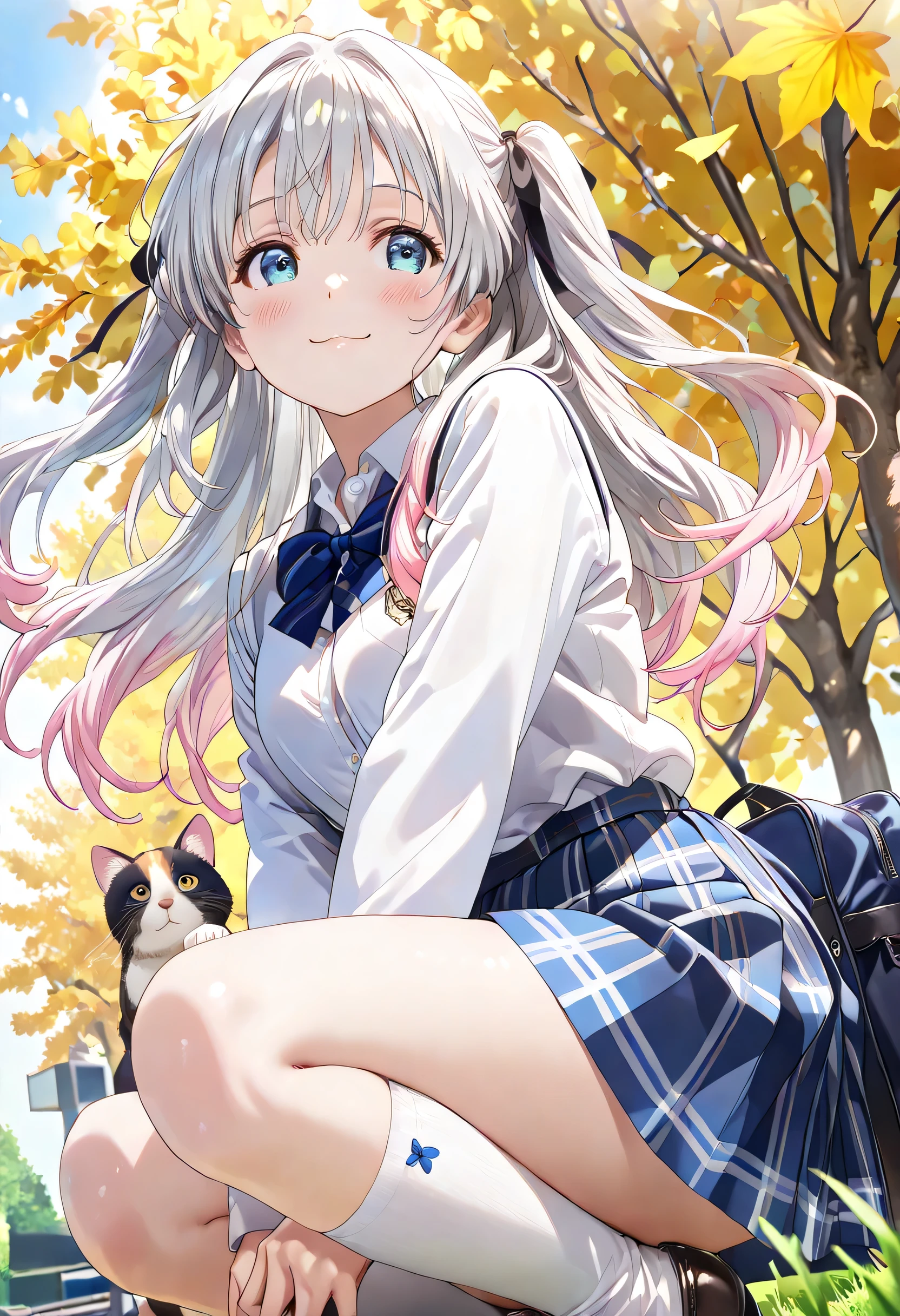 ((ultra-detailed)), (highly detailed CG illustration), (best quality:1.3), ultra-highly detailed, colorful composition, artistic photoshoot, 1girl, 1cat, solo, moe anime character, Anime-style, short stature, dainty facial structure, round face, rounded chin:1.2, blue eyes:1.3, droopy eyes:1.3, (silver hair:1.4), (gradient hair from silver to pink:1.4), long hair, two side up hairstyle, delicate curls, soft shading, hair ribbon with black, harmonious color palette, ethereal ambiance, ample breasts, school uniform, blue stripe neck bow, long sleeves white shirt, blue checked pleated skirt, white high socks, school blazer with navy blue, school bag from her shoulder, smile:1.3, happy:1.3, joyful:1.3, blush:1.3, :3, cat mouth:1.4, flowing hair in the wind, squatting down, playing with a cat:1.3, from side, dramatic angle, from below, (looking at the cat:1.4), cowboy shot, park, autumn trees, fallen leaves, warm sunlight filtering through branches, benches and soft grass in background, leaves fluttering, daytime, sidelighting, dynamic pose, contrapposto pose, best quality, masterpiece, cinematic lighting, 8K resolution, portrait, depth of field, caustics, ray tracing, perfect face, lustrous skin, highly detailed face, highly detailed eyes, perfect face, perfect nose, perfect hair, perfect eyes, beautiful hair, beautiful small face, extremely detailed face, beautiful detailed eyes, beautiful clavicle, beautiful body, beautiful ample breasts, breasts squeezed together, thin thighs, beautiful legs, beautiful fingers, 4 fingers, 1 thumb, lovely, (very detailed background:1.0), (highly detailed background:1.0), pastel colors palette, kawaii aesthetic, intricate details, girly atmosphere, chromatic aberration
