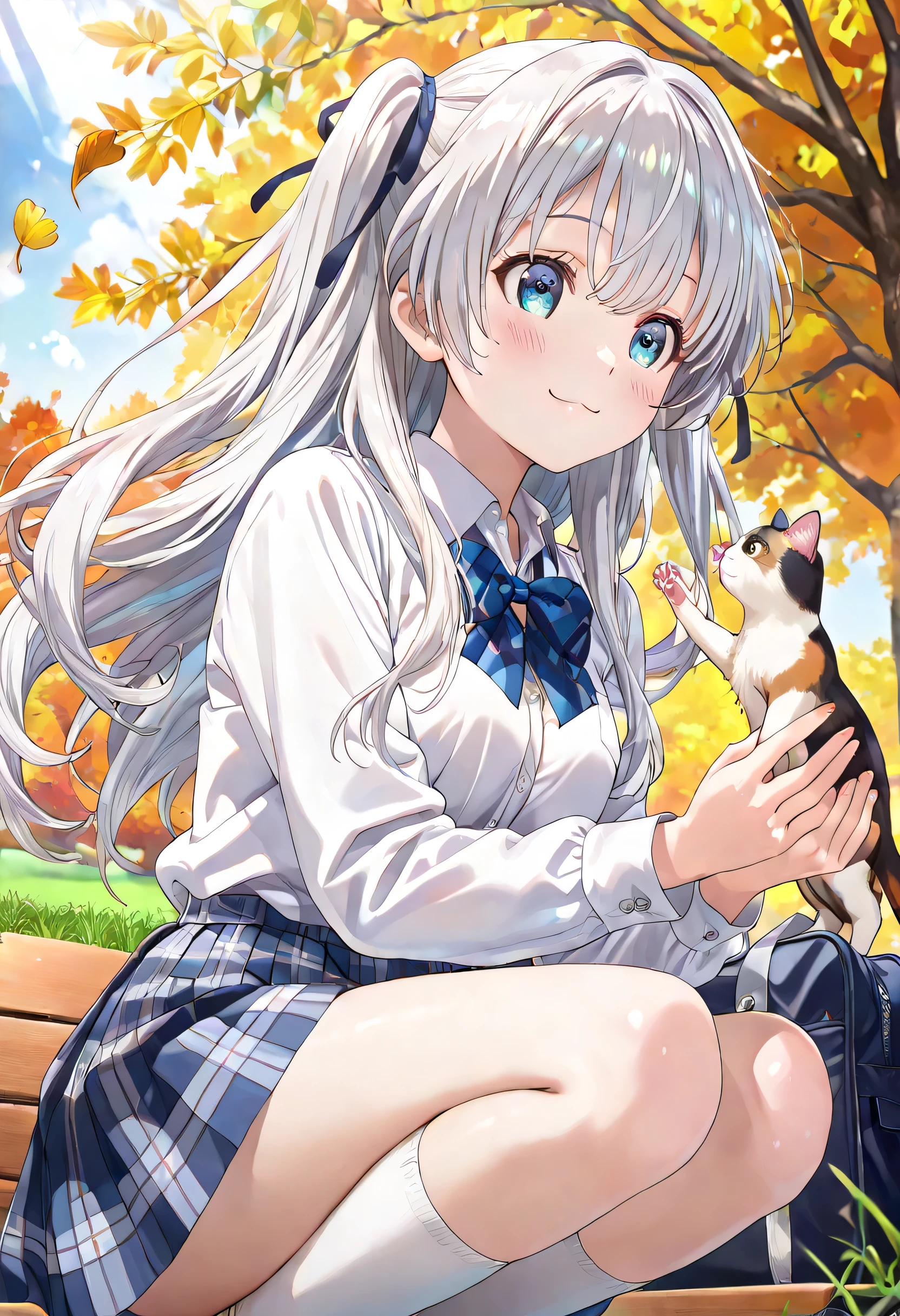 ((ultra-detailed)), (highly detailed CG illustration), (best quality:1.3), ultra-highly detailed, colorful composition, artistic photoshoot, 1girl, 1cat, solo, moe anime character, Anime-style, short stature, dainty facial structure, round face, rounded chin:1.2, blue eyes:1.3, droopy eyes:1.3, (silver hair:1.4), long hair, two side up hairstyle, delicate curls, hair ribbon with black, harmonious color palette, ethereal ambiance, ample breasts, school uniform, blue stripe neck bow, long sleeves white shirt, blue checked pleated skirt, white high socks, school blazer with navy blue, school bag from her shoulder, smile:1.3, happy:1.3, joyful:1.3, blush:1.3, :3, cat mouth:1.4, flowing hair in the wind, squatting down, playing with a cat:1.3, from side, dramatic angle, from below, (looking at the cat:1.4), cowboy shot, park, autumn trees, fallen leaves, warm sunlight filtering through branches, benches and soft grass in background, leaves fluttering, daytime, sidelighting, dynamic pose, contrapposto pose, best quality, masterpiece, cinematic lighting, 8K resolution, portrait, depth of field, caustics, ray tracing, perfect face, lustrous skin, highly detailed face, highly detailed eyes, perfect face, perfect nose, perfect hair, perfect eyes, beautiful hair, beautiful small face, extremely detailed face, beautiful detailed eyes, beautiful clavicle, beautiful body, beautiful ample breasts, breasts squeezed together, thin thighs, beautiful legs, beautiful fingers, 4 fingers, 1 thumb, lovely, (very detailed background:1.0), (highly detailed background:1.0), pastel colors palette, kawaii aesthetic, intricate details, girly atmosphere, chromatic aberration