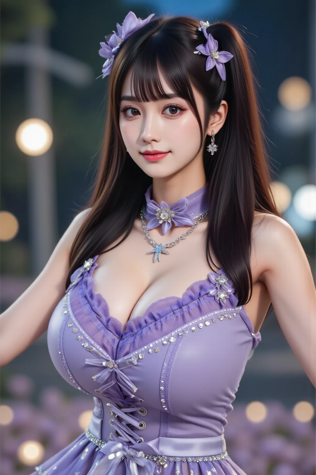 a girl with beautiful detailed eyes, beautiful detailed lips, extremely detailed face and long purple hair, purple star-shaped pupils, hair ornament, wearing a pink sleeveless shirt with ruffles, smiling, hands raised, bangs on one side, star symbol, isometric view from above, Rembrandt style illustration with high depth of field, looking at the viewer, peace sign, tongue sticking out, highest quality, high resolution