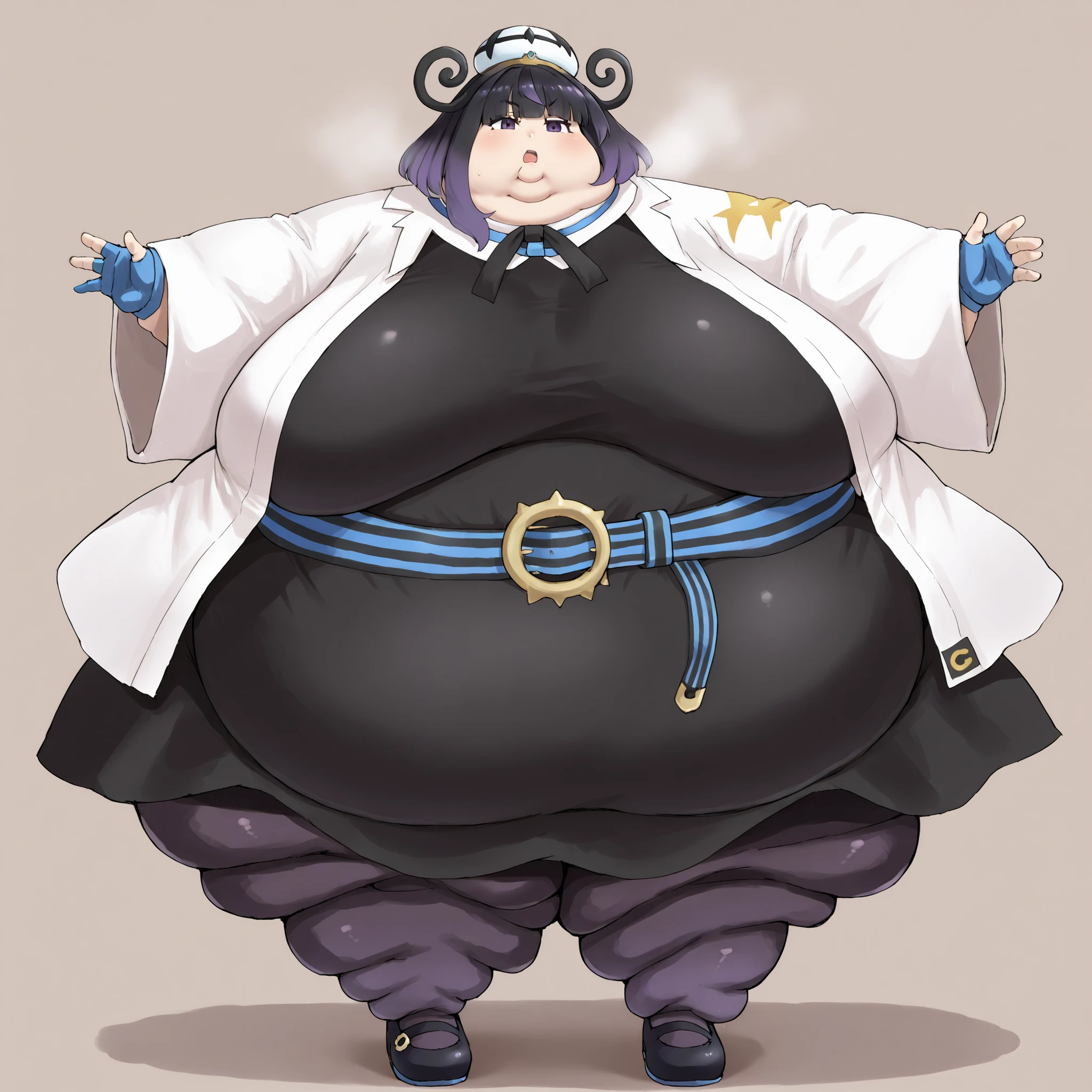 gwynn, gwynn \(pokemon\), gradient hair, black hair, purple hair, short hair, asymmetrical sidelocks, bob cut, purple eyes, aged up
hat, character hat, white headwear, neck ribbon, black ribbon, open coat, white coat, long sleeves, wide sleeves, blue gloves, partially fingerless gloves, black dress, belt, gradient pantyhose, black pantyhose, purple pantyhose, shoes, mary janes, black footwear, fat, chubby, obese, fat neck, multiple chins, big breasts open mouth, out of breath, Larger female, full body shot, only head, large head, oversized limbs, large hands, large feet, oversized feet, oversized fingers, big lips, plump lips, fat face, fupa, big fupa, fat fupa,