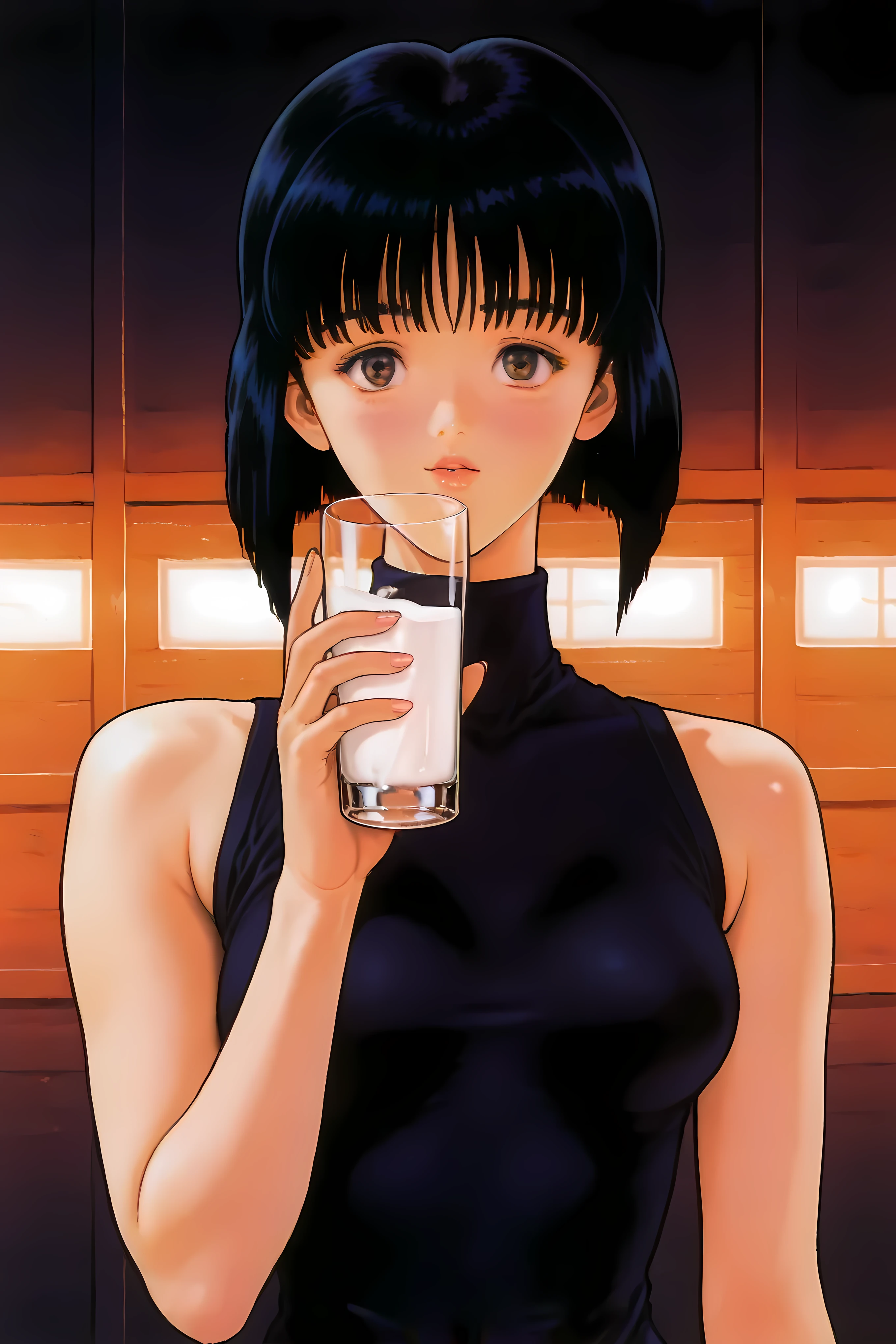 bob cut, black hair, brown eyes, takanashi kotomi, dna2, Kotomi Takanashi, Katsura Masakazu, black very short dress, sleeveless,
drinking glass of milk, downing a glass of milk, upper body close up,
Solo, general, masterpiece, highres, ultra-detailed, hyper-detailed, best quality, amazing quality, very aesthetic, best hands, best eyes, best hand
adult woman, 1woman, night street background,