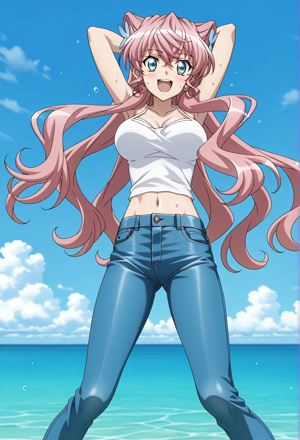 score_9, score_8_up, score_7_up, source_anime, highres, hi res, ((best quality, top quality, perfect quality, Highest Quality, amazing quality)), {{masterpiece}}, {{an extremely delicate and beautiful}}, 2d, intricate details, official style, anime, 8k, anime style, official_anime, official art, digital painting, cell shading, soft shading, high resolution, soothing tones, Subdued Color, Soft cinematic light, adobe lightroom, photolab, HDR, intricately and hyper-detailed, ((high quality animation)), 1 girl, Alone, solo, ((ocean)), tsunami, on the water, day, sunny, outdoors, sky, windy, Maria Cadenzavna Eve, senki zessho symphogear, pink hair, long hair, mariagear long hair, blue eyes, ,hair ornament, very long hair, anime screencap, , white camisole top, crop top, white crop top, best quality, hyper-detailed jeans, ((blue jeans:1.9)), (dark blue jeans:0.6), full medium body, medium shot, Open mouth, smiling, happy face, blush, sweat, standing, ((arms behind head:6.0)), ((perfect arm line:2.5)), bowlegged, jumping pose, action, looking at viewer, , Bend knees slightly, straight-on front view