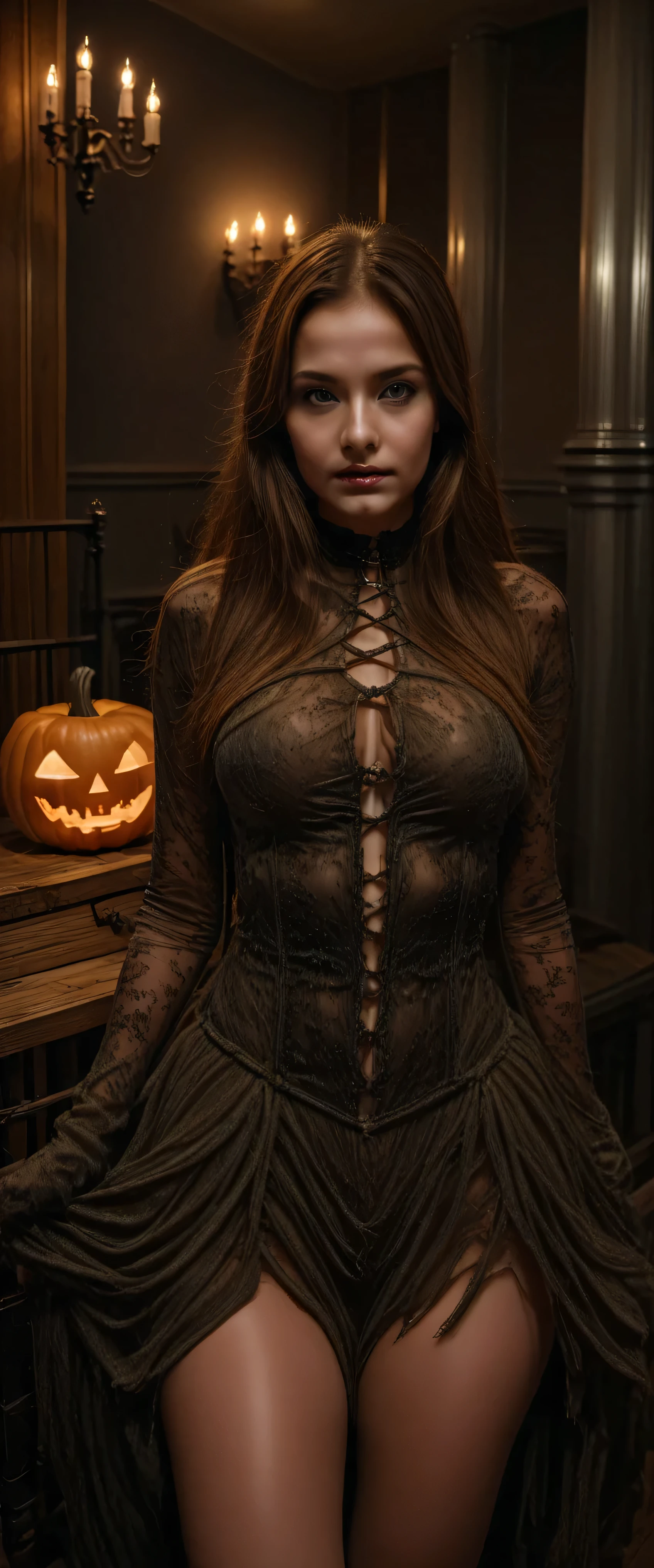 (cute_18yo_huge_breasted_bandaged_girl) at Halloween party, detailed facial features, sensual expression, Halloween costume, detailed skin texture, 4k, high resolution, photorealistic, studio lighting, physically-based rendering, horror, dark fantasy, cinematic, dramatic lighting, moody atmosphere, autumnal colors, gothic architecture, jack-o'-lanterns, spooky fog, ominous moon,rating_explicit:1.4