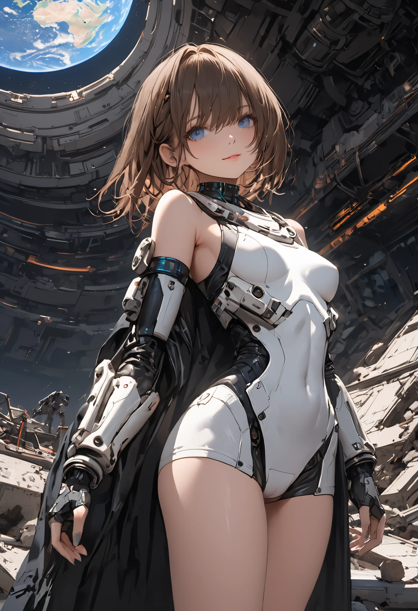 ((The Forgotten Woman Android)),((cowboy shot)),((from below:1.2)),Abandoned Space Station,Rubble on One Side,ruins,woman standing with her eyes open android,Night sky with a view of the big Earth,Blue Earth,astronauts standing up,sad expression,Brilliant Colors,beautiful eyes,A delicate smile,Textured Skin,masterpiece,Kilo,BEST QUALITY THE BEST,gentle and beautiful woman,Break (masterpiece:1.2), Highest Quality, high definition, Unity 8k Wallpaper, (shape:0.8), (Beautiful attention to detail:1.6), Highly detailed faces, perfect lighting, very detailed CG, (perfect hands, perfect anatomy),brown hair,shortcuts with armbands,unkempt hair,Short braided hair,Neat,slender beauty,correct attitude,small breasted,beautiful legs,The enchanting gray-blue eyes shine like stars,Saggy Eyes,Brilliant Colors,beautiful eyes,A delicate smile,Textured Skin,BEST QUALITY THE BEST,gentle and beautiful woman,anime style、comet,meteor、空から降り注ぐmeteor、無数のmeteor群、4k,High Quality,Digital 3D Rendering,Realistic,Inspired by ,Dark Fantasy,mechanical atmosphere,cinematic,moody lighting,Deep Shadow,Cool color scheme ,listless expression
