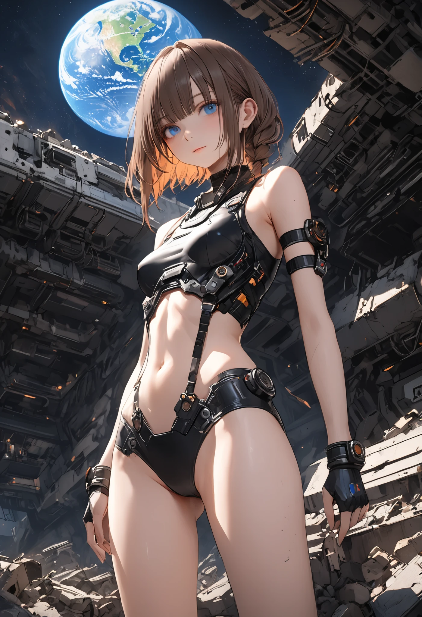 ((The Forgotten Woman Android)),((cowboy shot)),((from below:1.2)),pretty girl android,Abandoned Space Station,Rubble on One Side,ruins,woman standing with her eyes open android,Night sky with a view of the big Earth,Blue Earth,astronauts standing up,sad expression,Brilliant Colors,beautiful eyes,A delicate smile,Textured Skin,masterpiece,Kilo,BEST QUALITY THE BEST,gentle and beautiful woman,Break (masterpiece:1.2), Highest Quality, high definition, Unity 8k Wallpaper, (shape:0.8), (Beautiful attention to detail:1.6), Highly detailed faces, perfect lighting, very detailed CG, (perfect hands, perfect anatomy),brown hair,shortcuts with armbands,unkempt hair,Short braided hair,Neat,slender beauty,correct attitude,small breasted,beautiful legs,The enchanting gray-blue eyes shine like stars,Saggy Eyes,Brilliant Colors,beautiful eyes,A delicate smile,Textured Skin,BEST QUALITY THE BEST,gentle and beautiful woman,anime style、comet,meteor、空から降り注ぐmeteor、無数のmeteor群、4k,High Quality,Digital 3D Rendering,Realistic,Inspired by ,Dark Fantasy,mechanical atmosphere,cinematic,moody lighting,Deep Shadow,Cool color scheme ,listless expression
