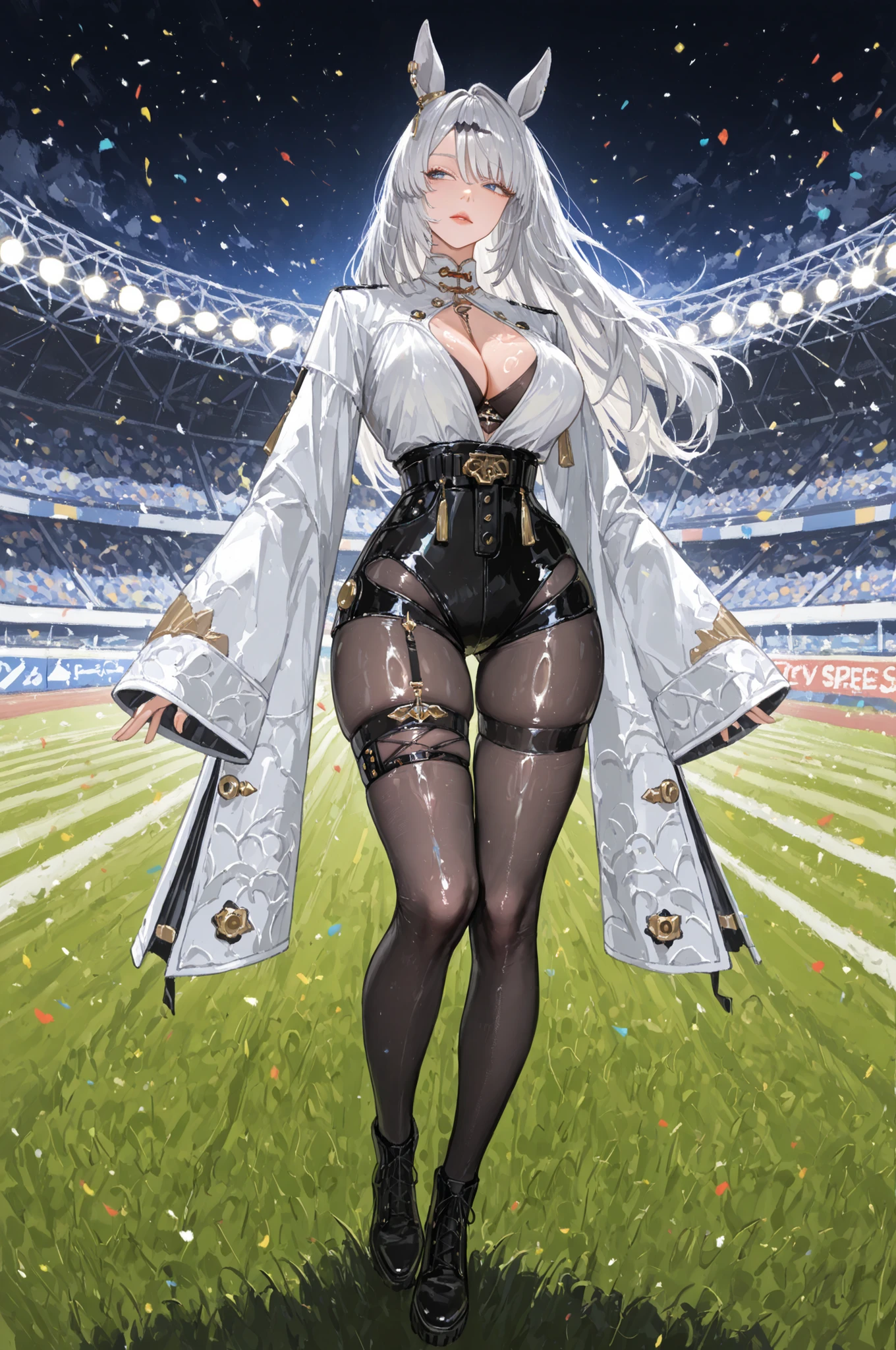 Uma Musume、horse ear、Jirio Mahonoko、 A sophisticated eye 、Full Body、GBF_style、748cm style、32K、semi-realistic、  super detailed description on the front 、art work、Original Work、 Detailed Color、 detailed eyes、 detailed face 、Detailed Eyes、detailed eyes、Exquisite eyes, The best傑作、professional job、Beautiful , Lots of Piercings, pop art, shiny oily skin, realistic skin, The best, long hair under , blue eyes,    cool look, narrowed her eyes, viewers, Silver Hair、lawn、Racecourse、Turf、Race Course 、dynamic pose 、緑のlawn,Racecourse、lawn、Black Knee Socks、緑のlawn、black hotpants、black hotpants、black tights、lawnの上、frustrated、Three-quarter sleeves、3/4 sleeve long coat、white coat、garter belt with open 