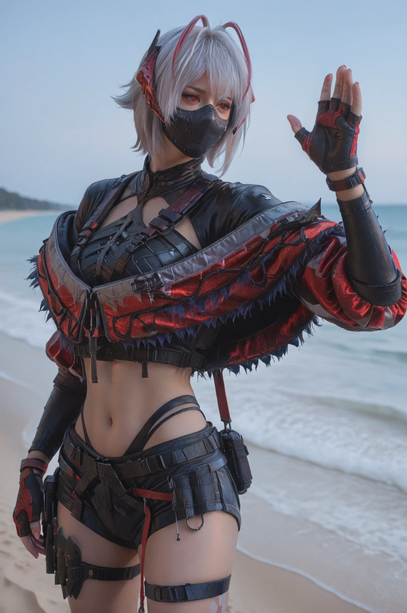 maixiaowenew,1girl,solo,short hair,mask,mouth mask,w \\(arknights\\),horns,jacket,red eyes,grey hair,antenna hair,white hair,fingerless gloves,black shorts,midriff,navel,thigh strap,crop top,Beach