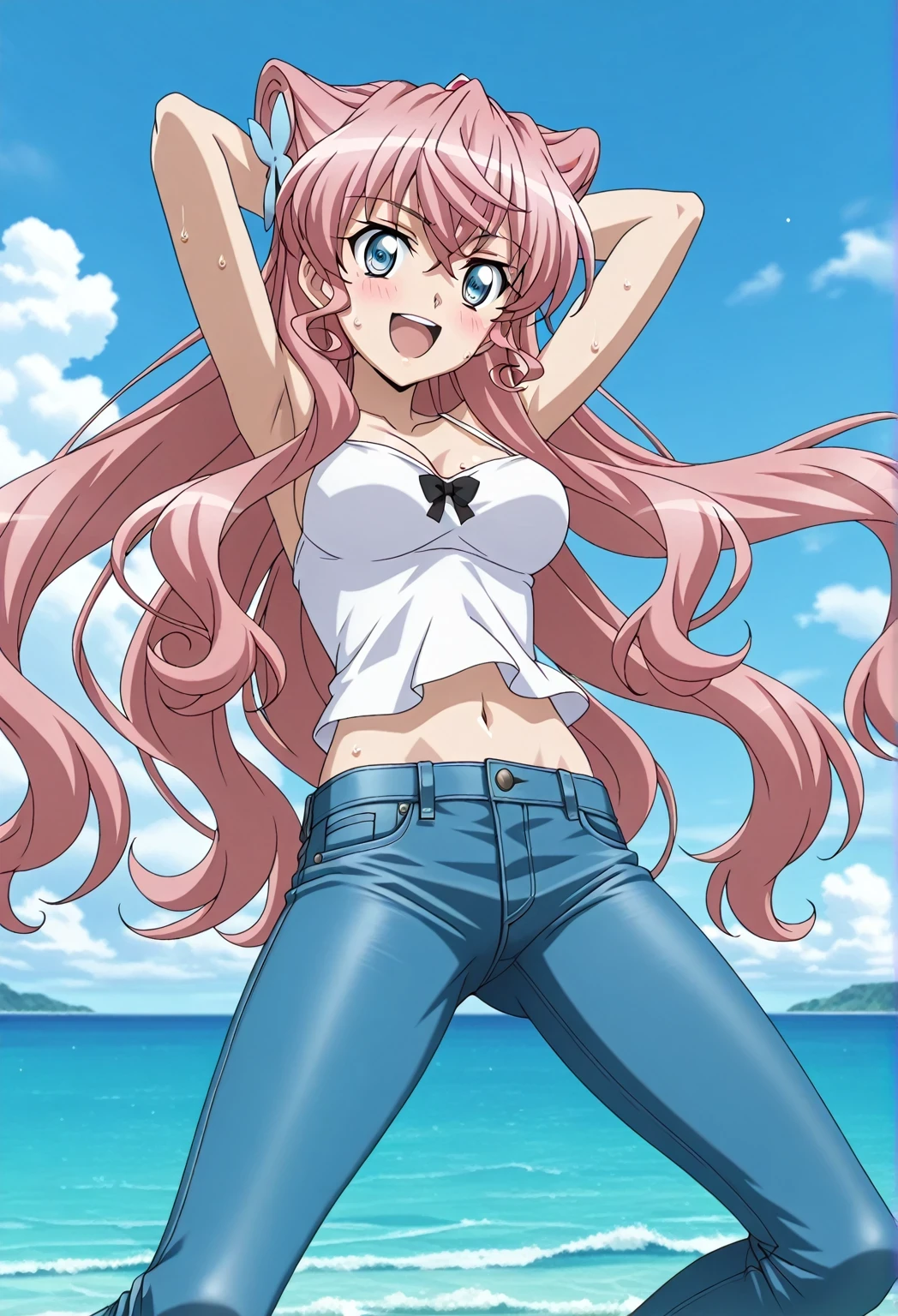 score_9, score_8_up, score_7_up, source_anime, highres, hi res, ((best quality, top quality, perfect quality, Highest Quality, amazing quality)), {{masterpiece}}, {{an extremely delicate and beautiful}}, 2d, intricate details, official style, anime, 8k, anime style, official_anime, official art, digital painting, cell shading, soft shading, high resolution, soothing tones, Subdued Color, Soft cinematic light, adobe lightroom, photolab, HDR, intricately and hyper-detailed, ((high quality animation)), 1 girl, Alone, solo, ((ocean)), tsunami, on the water, day, sunny, outdoors, sky, windy, Maria Cadenzavna Eve, senki zessho symphogear, pink hair, long hair, mariagear long hair, blue eyes, ,hair ornament, anime screencap, , white camisole top, crop top, white crop top, best quality, hyper-detailed jeans, ((blue jeans:1.9)), full medium body, medium shot, Open mouth, smiling, happy face, blush, sweat, standing, ((arms behind head:6.0)), ((perfect arm line:2.5)), bowlegged, jumping pose, action, looking at viewer, , Bend knees slightly, straight-on front view
