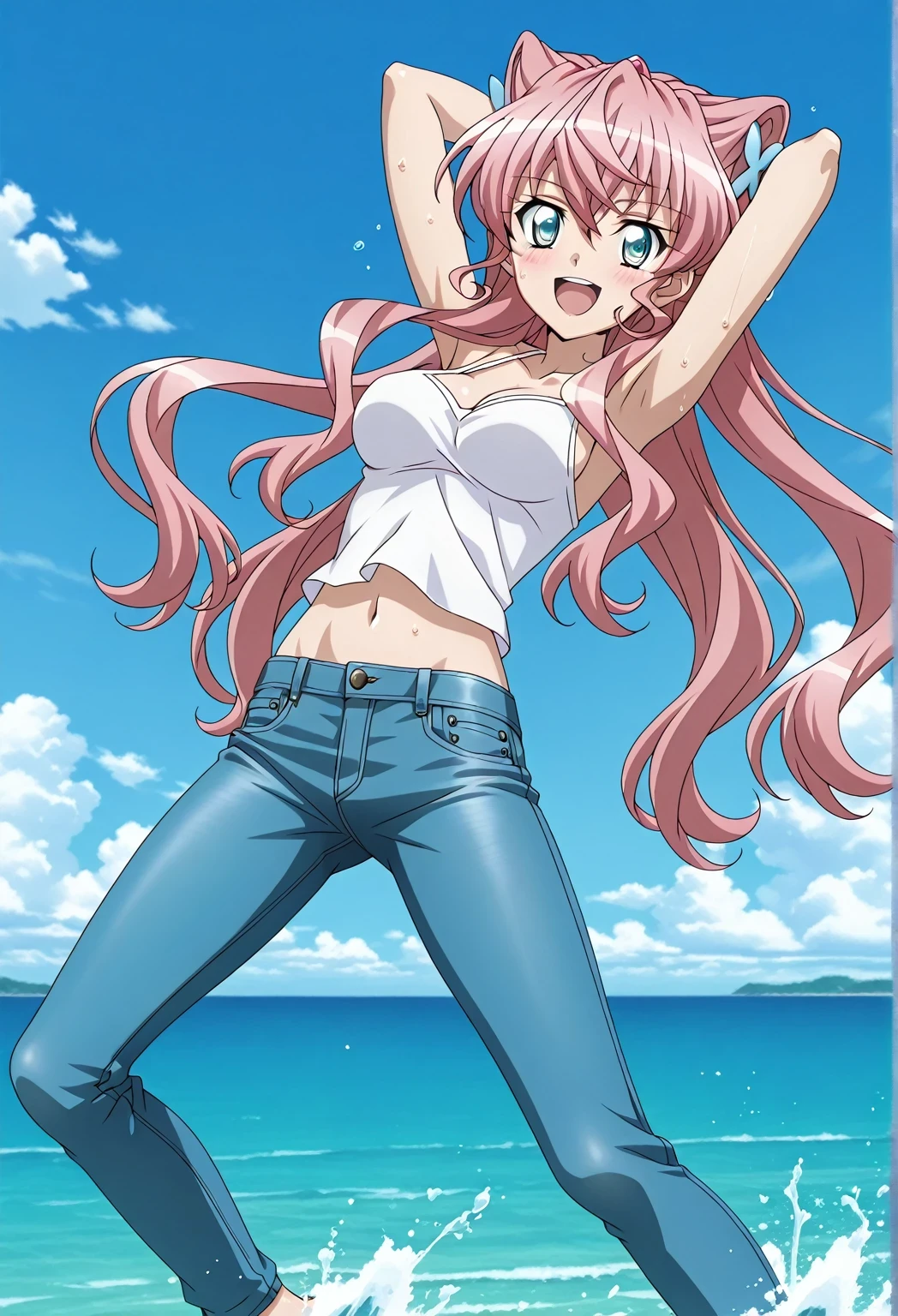 score_9, score_8_up, score_7_up, source_anime, highres, hi res, ((best quality, top quality, perfect quality, Highest Quality, amazing quality)), {{masterpiece}}, {{an extremely delicate and beautiful}}, 2d, intricate details, official style, anime, 8k, anime style, official_anime, official art, digital painting, cell shading, soft shading, high resolution, soothing tones, Subdued Color, Soft cinematic light, adobe lightroom, photolab, HDR, intricately and hyper-detailed, ((high quality animation)), 1 girl, Alone, solo, ((ocean)), tsunami, on the water, day, sunny, outdoors, sky, windy, Maria Cadenzavna Eve, senki zessho symphogear, pink hair, long hair, mariagear long hair, blue eyes, ,hair ornament, anime screencap, , white camisole top, crop top, white crop top, best quality, hyper-detailed jeans, ((blue jeans:1.9)), full medium body, medium shot, Open mouth, smiling, happy face, blush, sweat, standing, ((arms behind head:6.0)), ((perfect arm line:2.5)), bowlegged, jumping pose, action, looking at viewer, , Bend knees slightly, straight-on front view