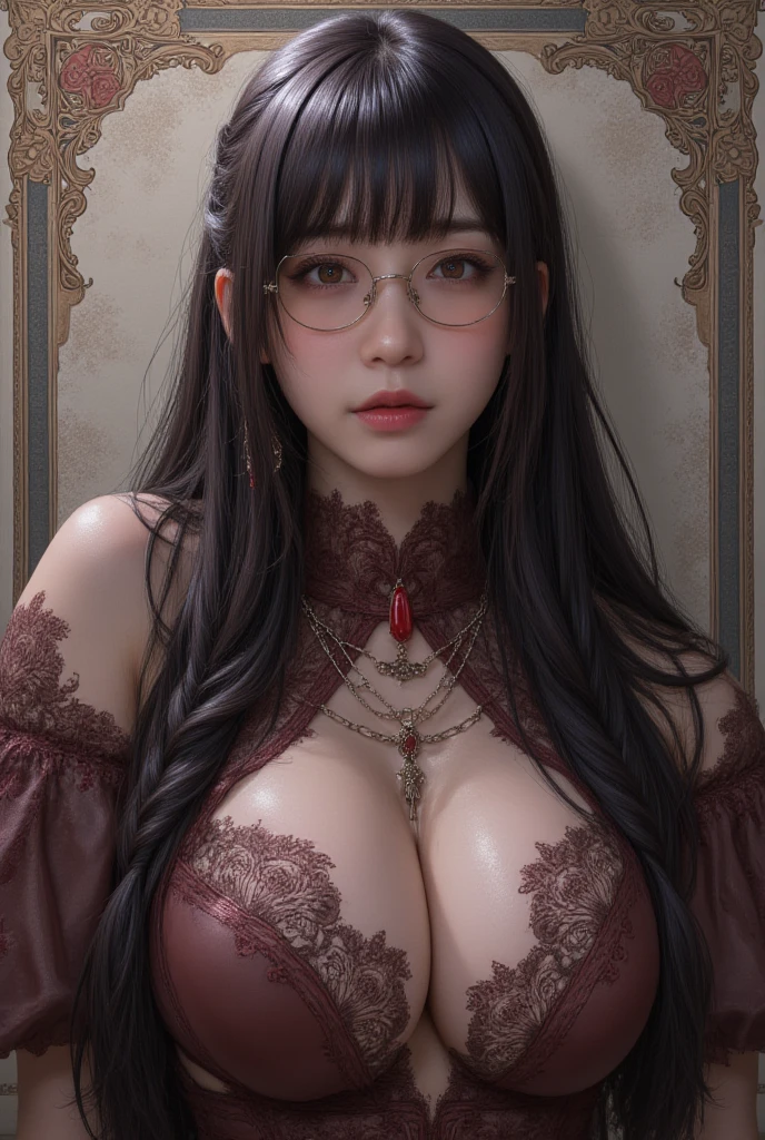 masutepiece: 1.3), (max resolution: 1.2), (Ultra HDTV: 1.2), cinematric light, 8K resolution, Detailed eyes and skin, detailed facial features, , (Sharp Focus: 1.2）, (Focus on Face:1.2),Perfect Style, Beautiful face, acurate, Anatomically correct, Highly detailed face and skin texture, Detailed eyes, Double eyelids, Thin eyebrows, Glitter Eyeliner: 1 Natural cheeks, Glossy skin, Fair skin: 1.2, (Glossy lips: 1.4),、 (Shy look: 1.2),Highly detailed facial and skin texture, Detailed eyes, Double eyelids, Natural cheeks, , shiny lips: 1.4,Exposed cleavage、Fine、(The best illustrations)、8k UHD resolution、intricate-detail、top-quality、realisitic、ultra-detailliert、The best lighting、Best Shadows、Soft lighting、Ulutra HD、Ultra-realistic、Tindall Effect、Photorealsitic、(High Detail Skins:1.2)、 (Intricate details, makeup, pureerosface_v1:0.5), (Detailed beautiful delicate face, Detailed beautiful delicate eyes, A perfectly proportioned face, High detailed skin, Detailed skin, best ratio four finger and one thumb, arms below , Tattoo with a red glow under the stomach、Awesome awesome, wide , smooth midriff, skiny and thin, __Fashion__, __hair__:1.25)、Digital SLR、 absurderes、1 beautiful devil woman from hell, surreal female portraits by David Hockney and Alphonse Mucha, Portrait of a seductive woman、Fantasy Art, Chinese Doll、Chinese actress、Dungeon、The dragon、Devil's Palace、Devil's  Chamber、natta、Dark style 、In the Dark、(Detailed spooky backgrounds:0.8), magia、 女の子1人、Evil Nun、Dark Necromancer、Succubus、Devil's Daughter、Umi Shinonome、Bat Wings，(((Demon Horns)))、 ((((Huge glasses, Otaku Glasses, thick glasses, Round glasses)))),(((Colossal )))、(Devil's Tail)、(red eyes glowing:1.6)、red eyes make up very sharp and detailed, The eyes are very well made up, ((Red Eye:1.0)),intricate tattoos, demonic intricate tattoos, thigh tattoos, body tattoos, ​masterpiece、The most beautiful face、a baby face、Charming smile、plump beautiful red lips、Muscular seductive body、The enchanting body of the devil、devil style、Seductive Black Magic Costume、The long-haired、Braids、Black hair、Ponytail distortion、, Ponytail with a bow tied at the back of the hair, Beautiful expression、Body Up、 emphasis、Bust,  Super tight ,  augmentation surgery, The  are very big and round and round,Toned waist、Wide 、 lowkey, cowboy lens, (Black Phoenix Dress: 1.0),  devil crown,  Red sparkling gemstone necklace、Jewelry Gwise,  wearing black mesh socks,Wear light red、nffsw, nffsw, Meet beautiful girls, Look at the girl's body,