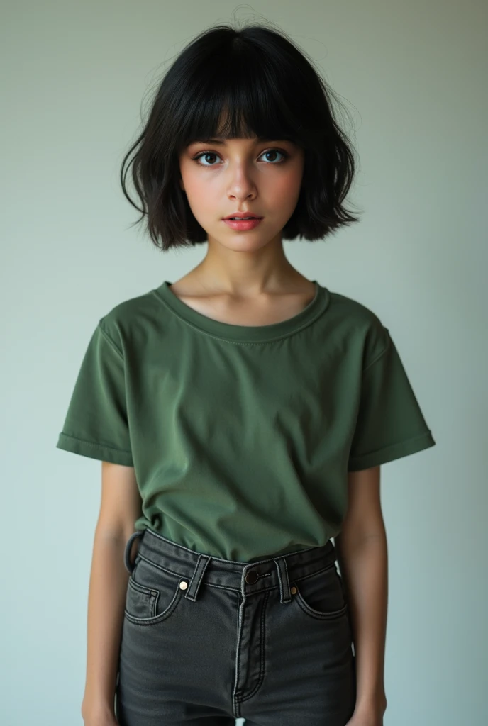 Anime girl with short brown hair slanted eyes and shy face and green eyes