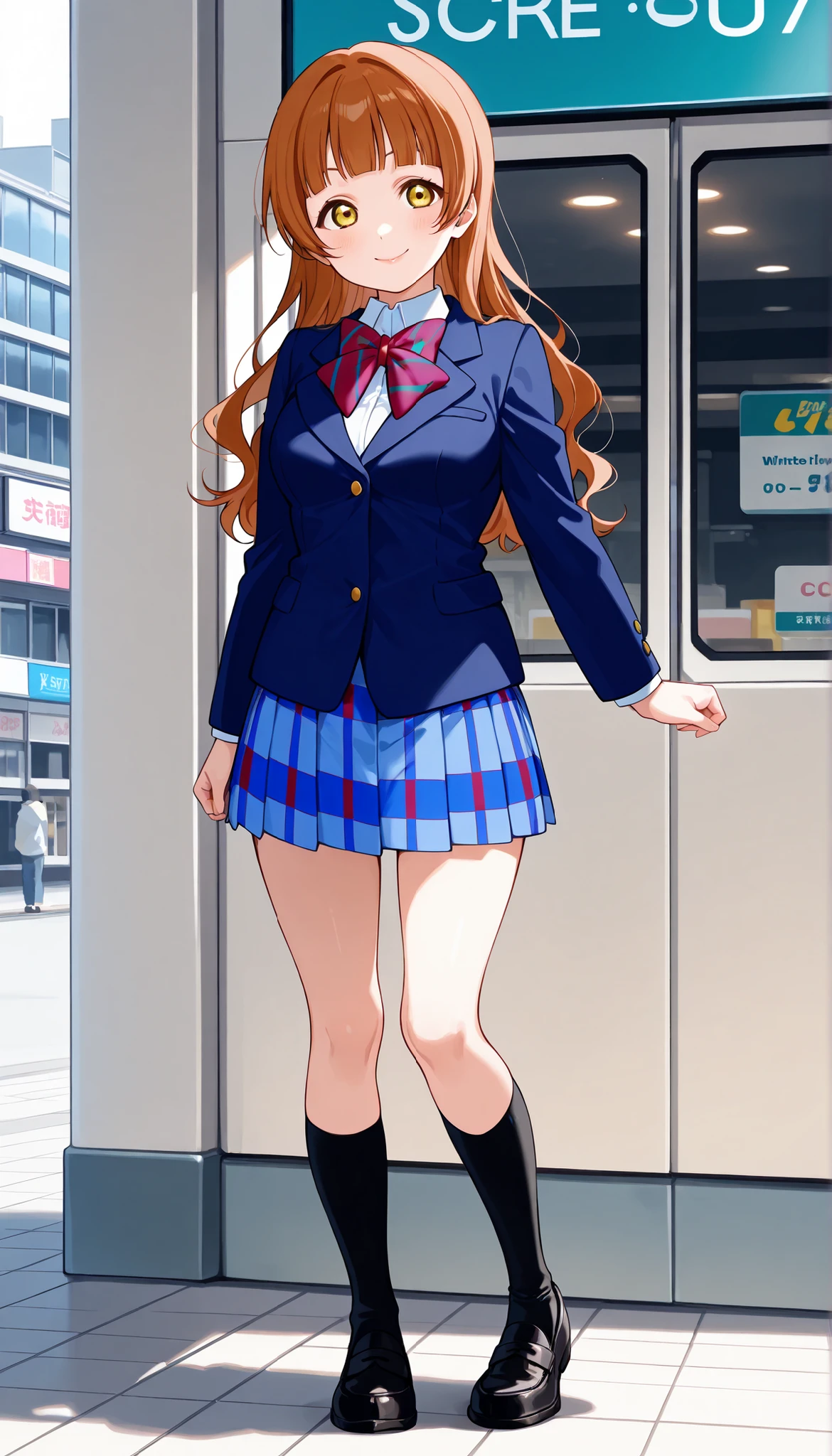 solo girl, AnjuYuuki,love live! ,brown hair, hime cut,wavy hair , ,glossy lips, otonokizaka winter uniform, red striped bow tie, navy blue blazer, blue striped skirt,button shirt,socks,loafers,closed mouth,posing in akihabara, (1girl), (solo),BREAK score_9, score_8_up, score_7_up, score_6_up, source_anime ,daytime,smile,full body