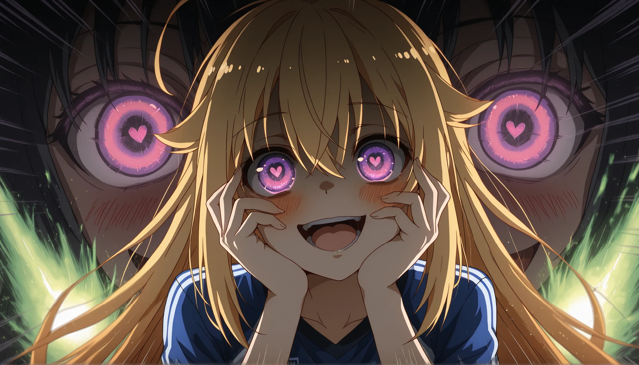 torako koshi, long hair, bangs, blonde hair, hair between eyes, very long hair, purple eyes, ahoge, sidelocks, hair flapsskirt, wearing his white soccer jersey, yandere trance, yandere, hands on own cheeks, hands on own face, crazy eyes, crazy smile, crazy, heart-shaped pupils, glowing eyes, symbol-shaped pupils, hand on own face, open mouth, glowing, blush, looking at viewer, emphasis lines,speed lines, soccer field, motion blur,motion lines, action, ((phtalo green energy, emanating black electrical energy,)) 