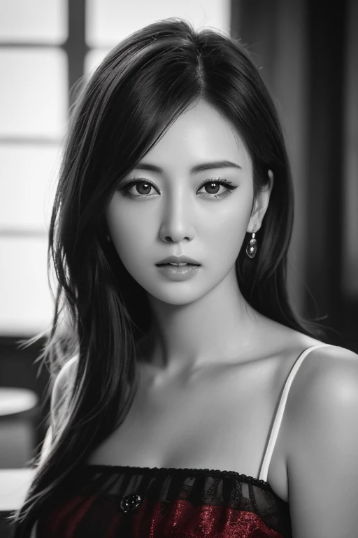 masterpiece, best quality, RAW photos, high resolution, hyper-detailing, Focus on the face, looking at viewer, Detailed eyebrows, realistic beautiful eyes, realistic glossy skin, straight Bangs, realistic movie lighting, detail shaded, high contrast, Slender, big boob, Big breasts,  cleavage, , Sexy face,  expressions when receiving pleasure, ((Dark background)),