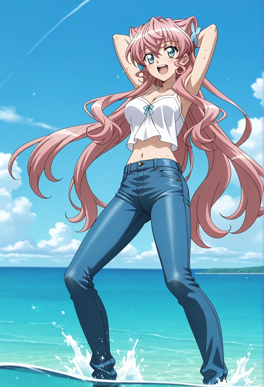 score_9, score_8_up, score_7_up, source_anime, highres, hi res, ((best quality, top quality, perfect quality, Highest Quality, amazing quality)), {{masterpiece}}, {{an extremely delicate and beautiful}}, 2d, intricate details, official style, anime, 8k, anime style, official_anime, official art, digital painting, cell shading, soft shading, high resolution, soothing tones, Subdued Color, Soft cinematic light, adobe lightroom, photolab, HDR, intricately and hyper-detailed, ((high quality animation)), 1 girl, Alone, solo, ((ocean)), tsunami, on the water, day, sunny, outdoors, sky, windy, Maria Cadenzavna Eve, senki zessho symphogear, pink hair, long hair, mariagear long hair, blue eyes, ,hair ornament, anime screencap, , white camisole top, crop top, white crop top, best quality, hyper-detailed jeans, ((blue jeans:1.9)), full medium body, medium shot, Open mouth, smiling, happy face, blush, sweat, standing, ((arms behind head:6.0)), ((perfect arm line:2.5)), bowlegged, jumping pose, action, looking at viewer, , Bend knees slightly, straight-on front view