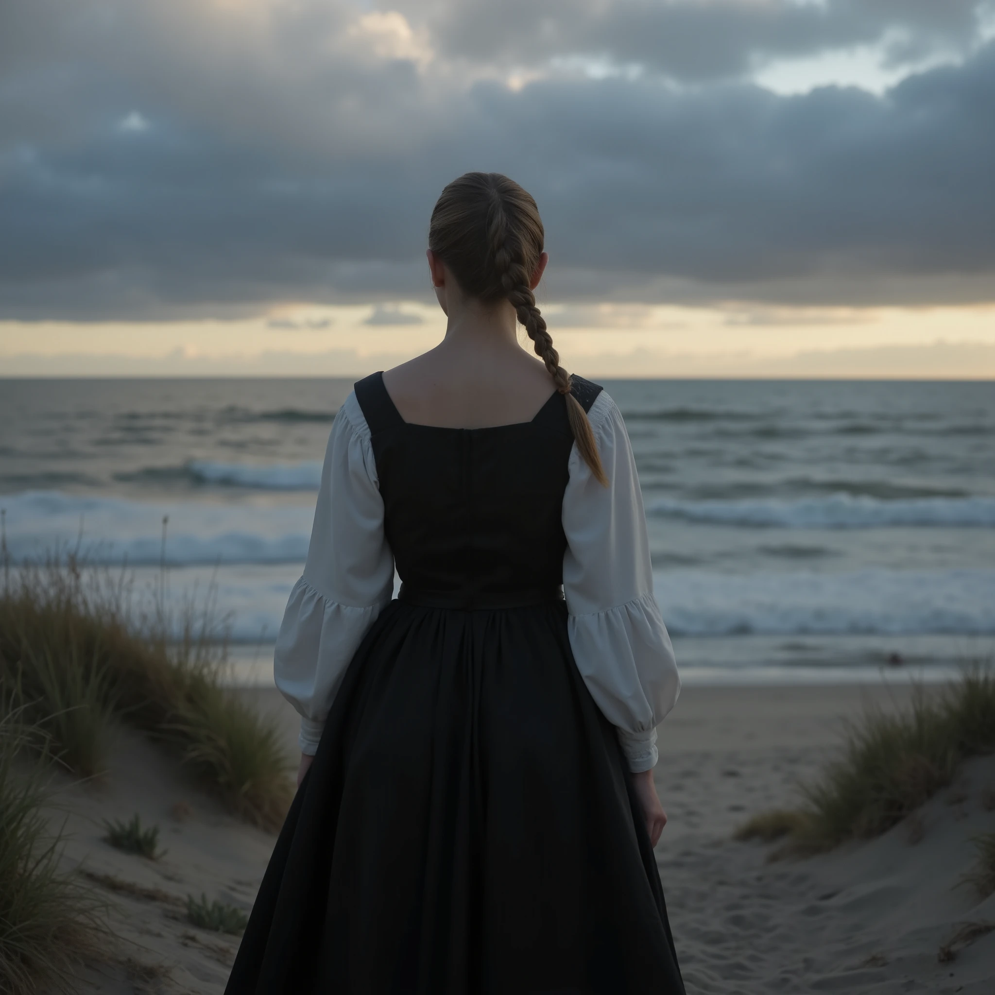 ((Breathtaking ultra sharp ultra realistic cinematic photo, backview, 17th century scene)) of a ((((slim young fullbreasted beautiful Frisian woman seen , wearing a 17th century traditional Frisian black widow's dress, her hair is artfully braided into a wide plait. She stands on a beach beside small dunes in front of the vivid swell of northsea at evening under dramatic clouds with warm evening light shining from side, brightly illuminating a part of the sea in front of a cool steel grey and blue background)))). Her dress and her hair is gently blown by the wind. The image suggests that she is gazing out to sea in memory of a long missing and truely loved person she is mourning. (Hyper detailed), prime lens, ((((ultra sharp focus)))), 8k, (uhd, realistic, hdr low saturation)