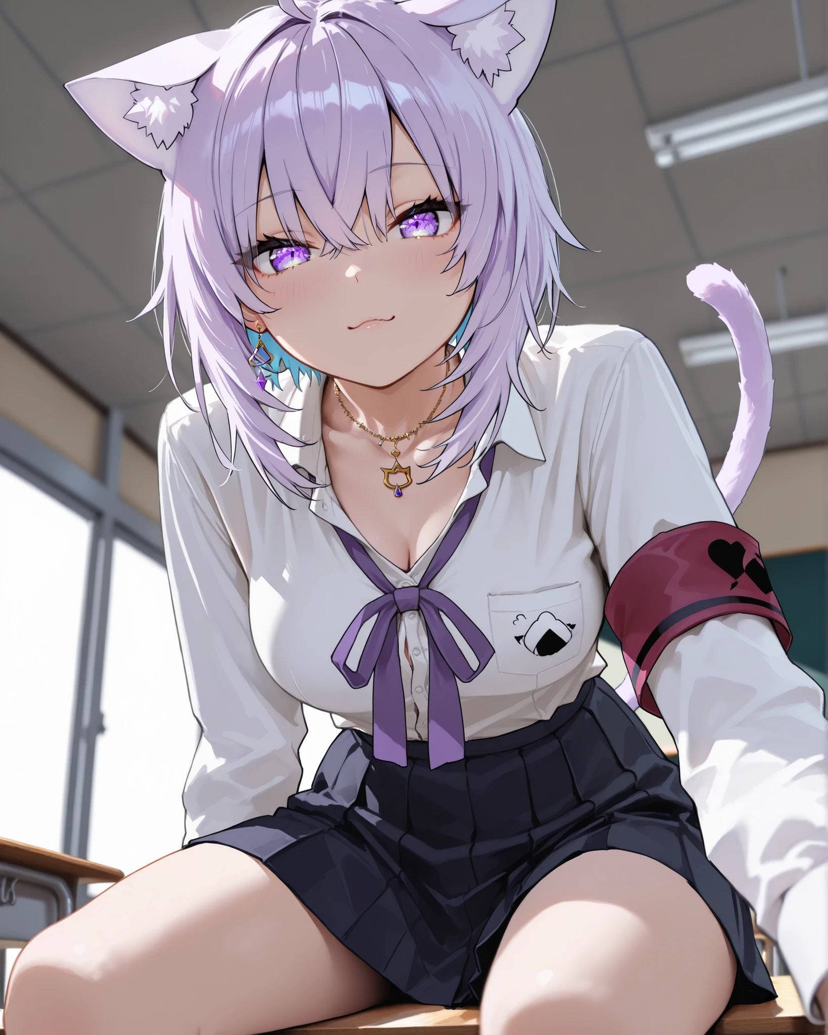 1 sexy gal ,Nekomata Okayu_(ホロライブ), solo, (masterpiece, top quality, highly detailed depiction, incredibly high resolution, high quality anime picture), (voluminous A-line silhouette), (seductive gestures),
masterpiece, best quality, ultra-detailed, very aesthetic, highres, 8K, 1girl, gal style, disciplinary committee girl,short stylish school uniform, short skirt, shirt slightly untucked, bold accessories, necklace, earrings, rings, red armband, dynamic pose, sitting assertively on classroom desk, leaning forward to intimidate viewer, intense fanatic gaze, overwhelming devotion to order, hair and skirt fluttering, cinematic composition, low angle view, slight upward perspective, dynamic lighting, intricate textures, dramatic atmosphere, tension, depth of field, emotional realism, fine shading, subtle facial expression,