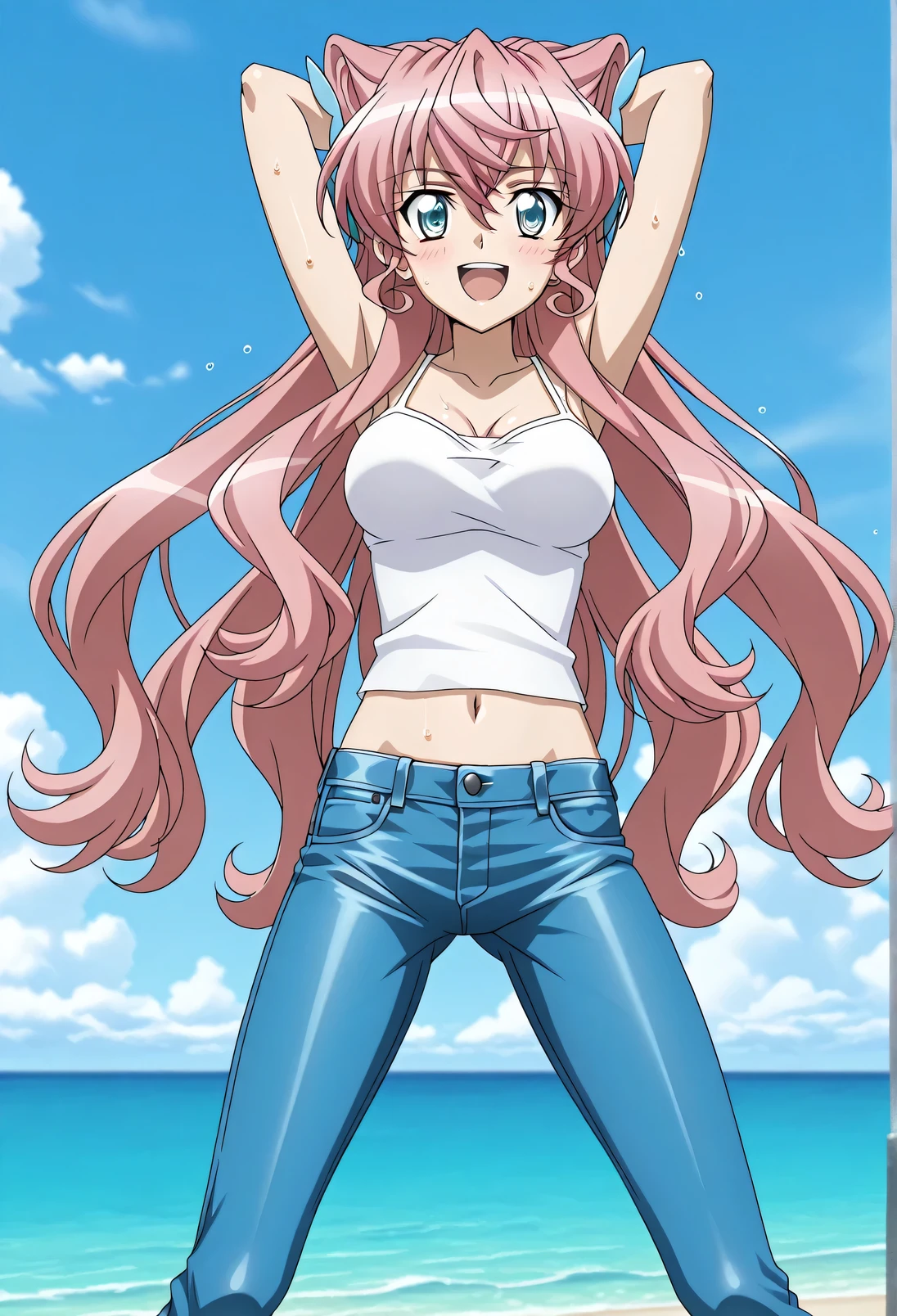 score_9, score_8_up, score_7_up, source_anime, highres, hi res, ((best quality, top quality, perfect quality, Highest Quality, amazing quality)), {{masterpiece}}, {{an extremely delicate and beautiful}}, 2d, intricate details, official style, anime, 8k, anime style, official_anime, official art, digital painting, cell shading, soft shading, high resolution, soothing tones, Subdued Color, Soft cinematic light, adobe lightroom, photolab, HDR, intricately and hyper-detailed, ((high quality animation)), 1 girl, Alone, solo, ((ocean)), tsunami, on the water, day, sunny, outdoors, sky, windy, Maria Cadenzavna Eve, senki zessho symphogear, pink hair, long hair, mariagear long hair, blue eyes, ,hair ornament, anime screencap, , white camisole top, crop top, white crop top, best quality, hyper-detailed jeans, ((blue jeans:1.9)), (dark blue jeans:0.6), full medium body, medium shot, Open mouth, smiling, happy face, blush, sweat, standing, ((arms behind head:6.0)), ((perfect arm line:2.5)), bowlegged, sliding pose, action, looking at viewer, , Bend knees slightly, straight-on front view
