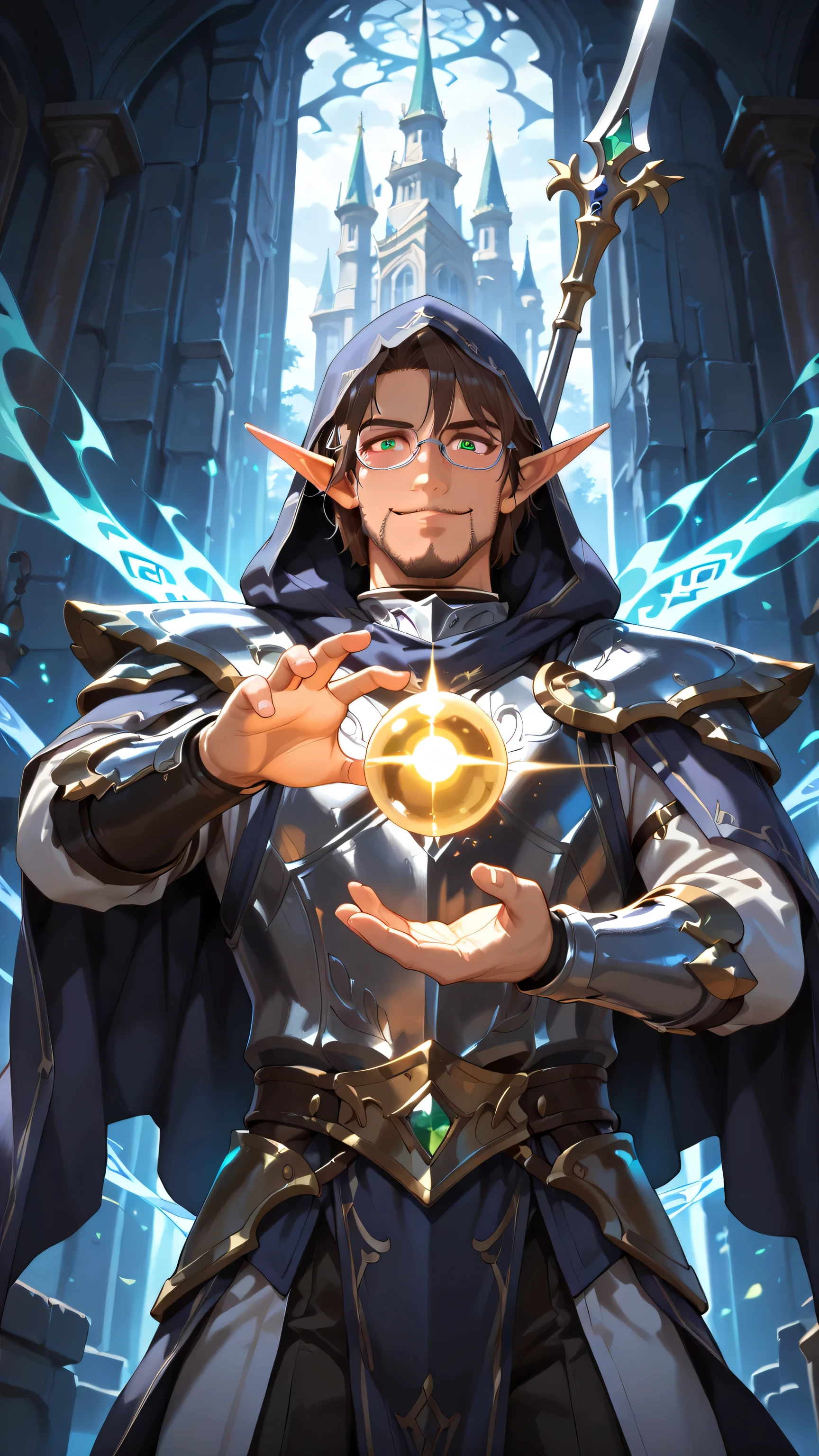 masterpiece, ultra-detailed, best quality, (1 boy, solo, male elf, ethereal warrior mage, (silver eyeglasses, small eyeglasses), (right hand holding a spear, ornate spear glowing with magical energy, silver spear point), (left open hand with golden-glowing light ball hovering over it), lightweight enchanted armor, dark blue flowing hooded cloak with mystical runes, brown hair, sharp facial features, ((facial hair)), emerald eyes, confident smile, elegant battle stance), magical elven tower, dynamic pose, soft lighting, fantasy art style, upper and mid body, frontal view