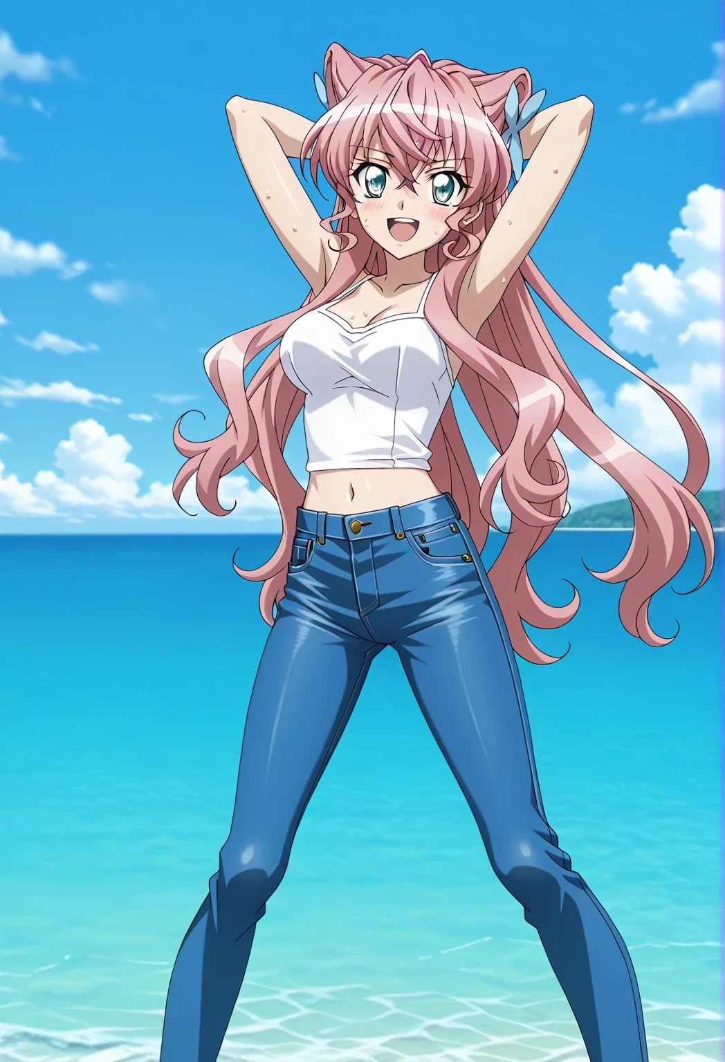 score_9, score_8_up, score_7_up, source_anime, highres, hi res, ((best quality, top quality, perfect quality, Highest Quality, amazing quality)), {{masterpiece}}, {{an extremely delicate and beautiful}}, 2d, intricate details, official style, anime, 8k, anime style, official_anime, official art, digital painting, cell shading, soft shading, high resolution, soothing tones, Subdued Color, Soft cinematic light, adobe lightroom, photolab, HDR, intricately and hyper-detailed, ((high quality animation)), 1 girl, Alone, solo, ((ocean)), tsunami, on the water, day, sunny, outdoors, sky, windy, Maria Cadenzavna Eve, senki zessho symphogear, pink hair, long hair, mariagear long hair, blue eyes, ,hair ornament, anime screencap, , white camisole top, crop top, white crop top, best quality, hyper-detailed jeans, ((blue jeans:1.9)), (dark blue jeans:0.6), full medium body, medium shot, Open mouth, smiling, happy face, blush, sweat, standing, ((arms behind head:6.0)), ((perfect arm line:2.5)), bowlegged, sliding pose, action, looking at viewer, , Bend knees slightly, straight-on front view