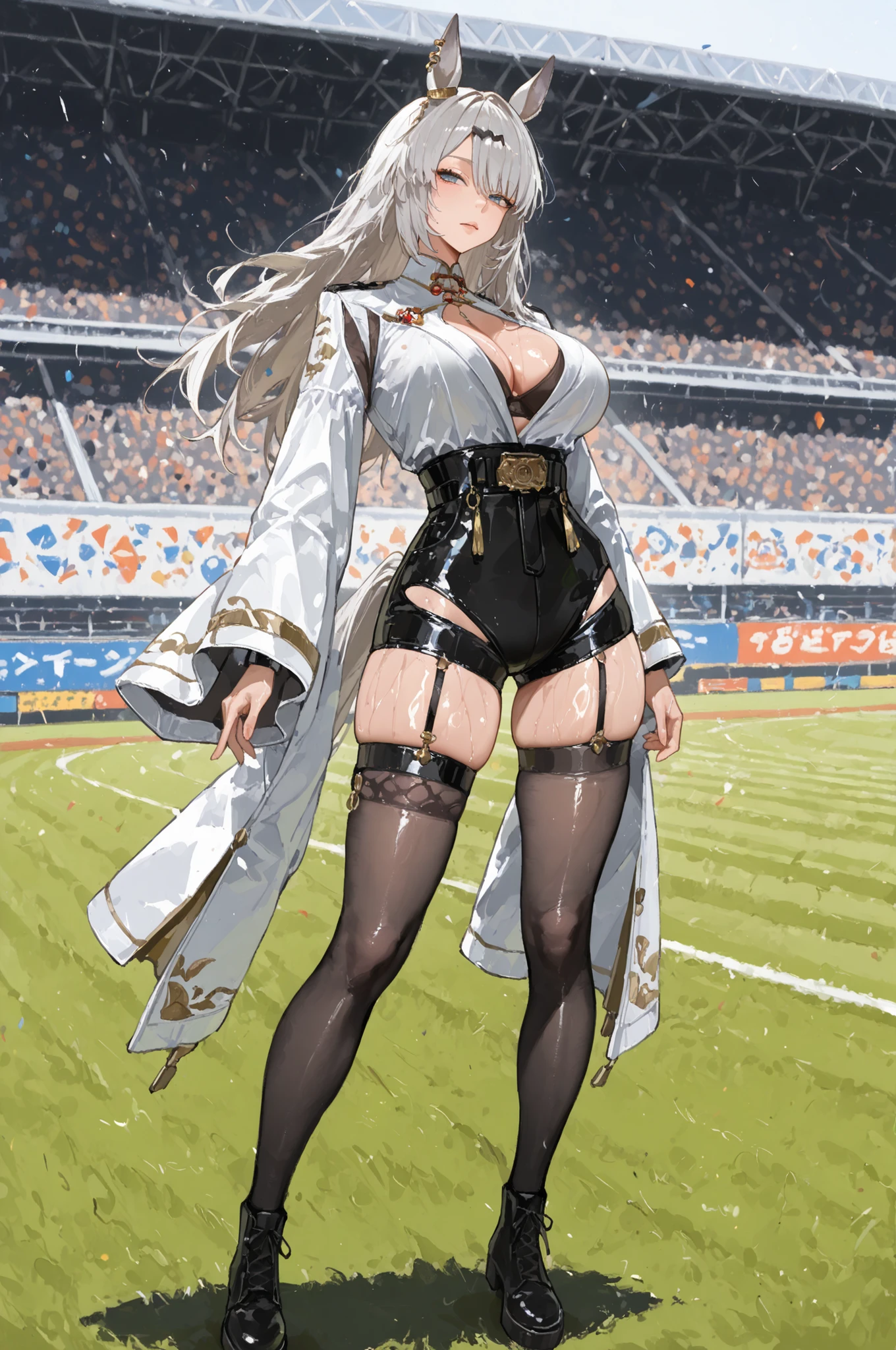 Uma Musume、horse ear、Jirio Mahonoko、 A sophisticated eye 、Full Body、GBF_style、748cm style、32K、semi-realistic、  super detailed description on the front 、art work、Original Work、 Detailed Color、 detailed eyes、 detailed face 、Detailed Eyes、detailed eyes、Exquisite eyes, The best傑作、professional job、Beautiful , Lots of Piercings, pop art, shiny oily skin, realistic skin, The best, long hair under , blue eyes,    cool look, narrowed her eyes, viewers, Silver Hair、lawn、Racecourse、Turf、Race Course 、dynamic pose 、緑のlawn,Racecourse、lawn、Black Knee Socks、緑のlawn、black hotpants、black hotpants、black tights、lawnの上、frustrated、Three-quarter sleeves、3/4 sleeve long coat、white coat、garter belt