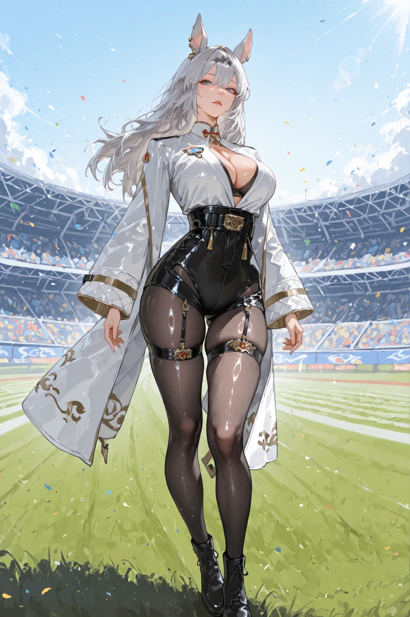 Uma Musume、horse ear、Jirio Mahonoko、 A sophisticated eye 、Full Body、GBF_style、748cm style、32K、semi-realistic、  super detailed description on the front 、art work、Original Work、 Detailed Color、 detailed eyes、 detailed face 、Detailed Eyes、detailed eyes、Exquisite eyes, The best傑作、professional job、Beautiful , Lots of Piercings, pop art, shiny oily skin, realistic skin, The best, long hair under , blue eyes,    cool look, narrowed her eyes, viewers, Silver Hair、lawn、Racecourse、Turf、Race Course 、dynamic pose 、緑のlawn,Racecourse、lawn、Black Knee Socks、緑のlawn、black hotpants、black hotpants、black tights、lawnの上、frustrated、Three-quarter sleeves、3/4 sleeve long coat、white coat、garter belt