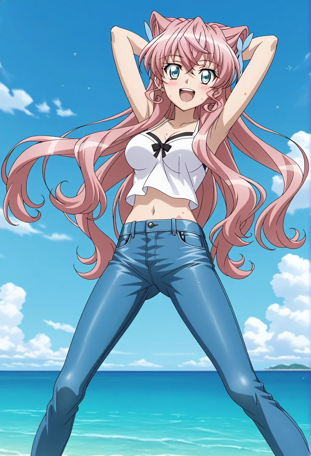 score_9, score_8_up, score_7_up, source_anime, highres, hi res, ((best quality, top quality, perfect quality, Highest Quality, amazing quality)), {{masterpiece}}, {{an extremely delicate and beautiful}}, 2d, intricate details, official style, anime, 8k, anime style, official_anime, official art, digital painting, cell shading, soft shading, high resolution, soothing tones, Subdued Color, Soft cinematic light, adobe lightroom, photolab, HDR, intricately and hyper-detailed, ((high quality animation)), 1 girl, Alone, solo, ((ocean)), tsunami, on the water, day, sunny, outdoors, sky, windy, Maria Cadenzavna Eve, senki zessho symphogear, pink hair, long hair, mariagear long hair, blue eyes, ,hair ornament, anime screencap, , white camisole top, crop top, white crop top, best quality, hyper-detailed jeans, ((blue jeans:1.9)), (dark blue jeans:0.6), full medium body, medium shot, Open mouth, smiling, happy face, blush, sweat, standing, ((arms behind head:6.0)), ((perfect arm line:2.5)), bowlegged, sliding pose, action, looking at viewer, , Bend knees slightly, straight-on front view