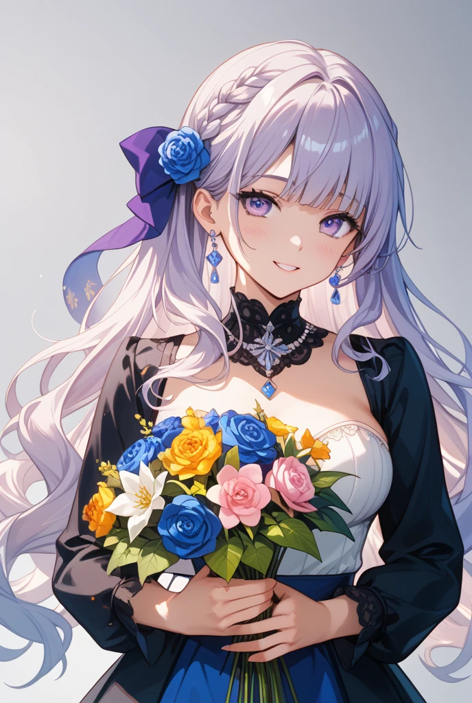 absurderes, hight resolution, (Official art, Beautiful and aesthetic:1.2), (Close View:1.2), Front composition, 
1girl in, (Long hair:1.2), Gray hair, Wavy Hair, Smile, 
(Everywhere in the flower garden:1.6), (Flower Effects:1.2), (Floral background:1.2), (Background filled with flowers:1.4), (Fancy backgrounds:1.1),