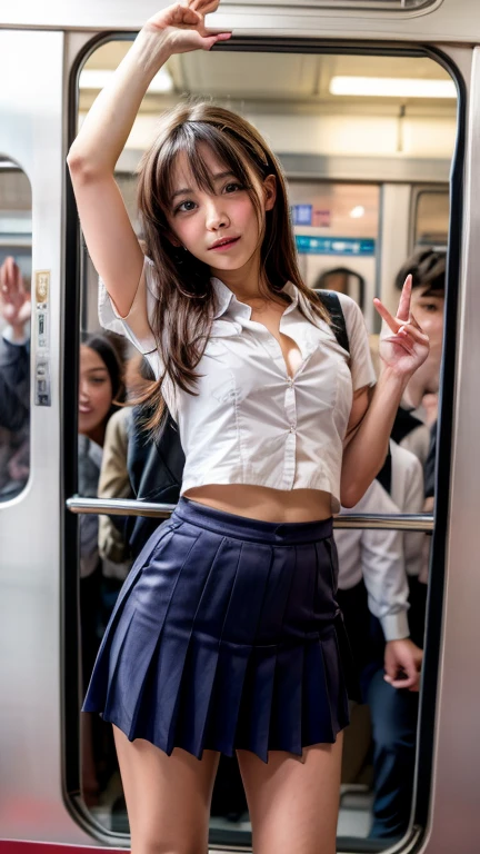 Mastepiece, Best Quality, (highest quality、8K、masterpiece:1.3)、Ultra-high resolution、Physically Based Rendering、(Photorealistic：1.37)、Beautiful woman with perfect body:1.4、Slim abdomen:1.2、Highly detailed face and skin texture、 Red Cheeks、White skin、Narrow waist,Thin legs、highest quality,Very beautiful woman, (cute:1.2),Perfect Glowing Skin,(short hair),(((Full nudity)))、(((Upper body nude)))、(((Lower body nude)))、((A bow tie))、((Two smiling female students commuting to school))、((Wet body))、rucksack