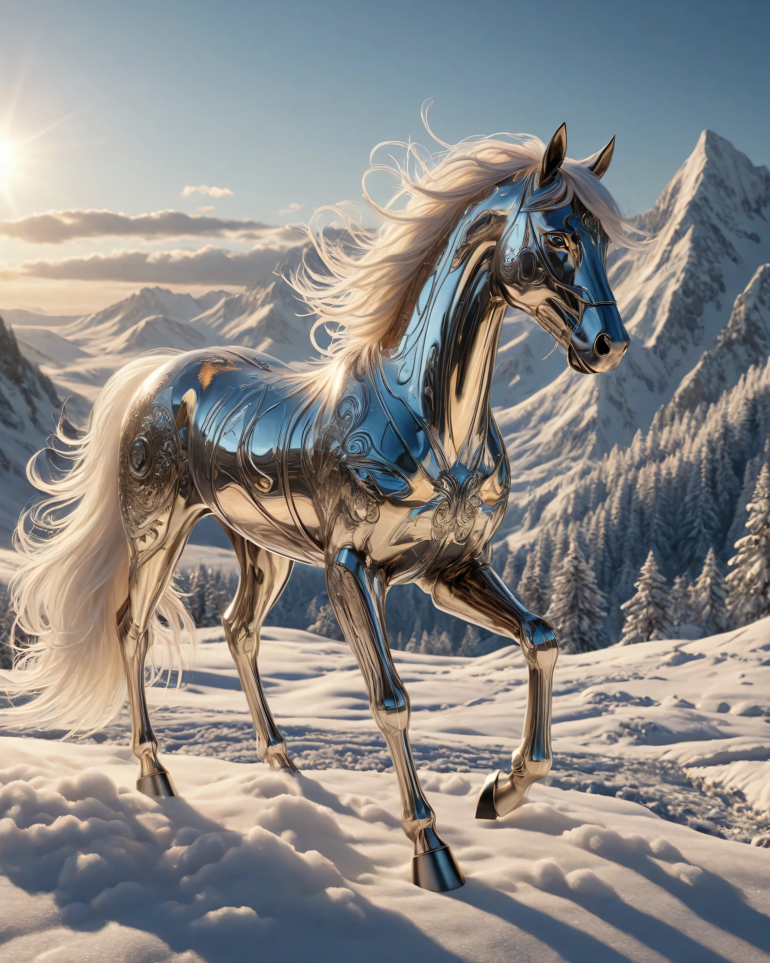 top quality, ultra-high resolution, in detail, a bronze cybernetic horse with fluid avant-garde forms, a combination of ancient aesthetics and futuristic design, holographic elements between bronze plates, deep snow cover, the rising sun creates long shadows in the snow, golden dawn
