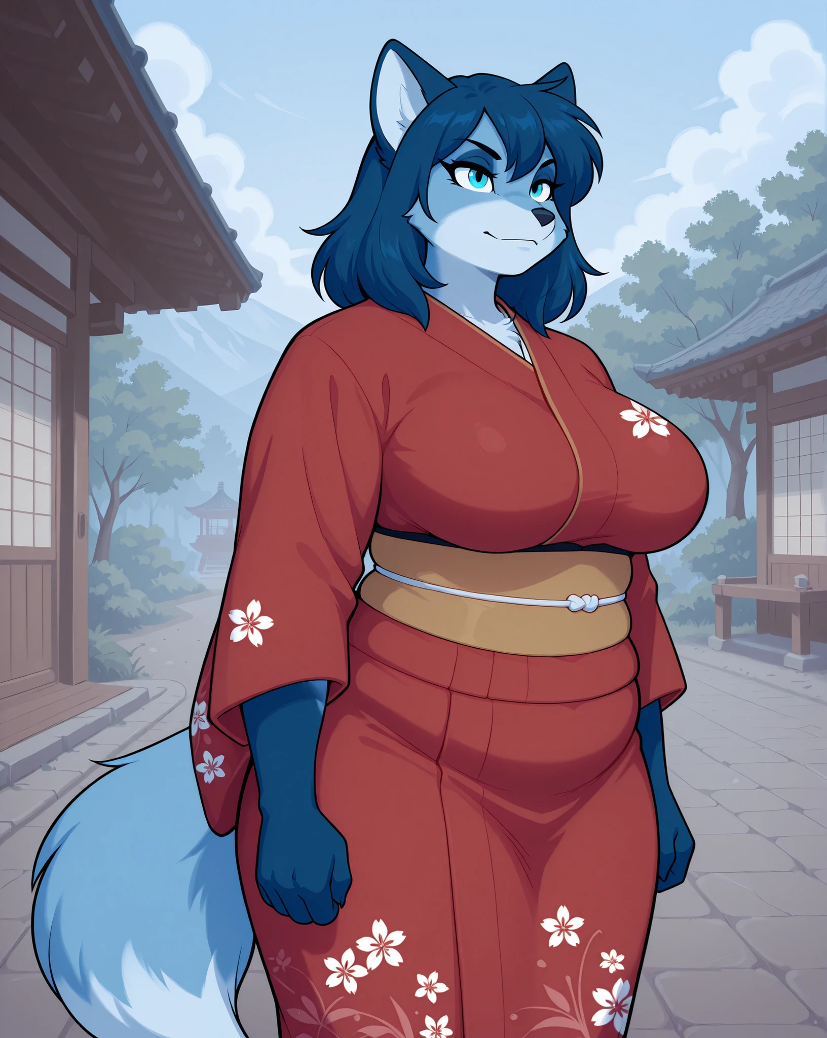 score_9, score_8_up, score_8, furry, solo, fox, chubby, obese, (fox ear), ((blue fur)), blue hair, furry female anthro, ((serious)), smile, medium breasts, huge breasts, ((red kimono)), ((standing)), in the great outdoors, detailed background, fox tail, blue eyes, medium hair, (intricate:1.1), (high detail:1.2), (masterpiece, best quality, 4k, 2k, shaded, absurd res)