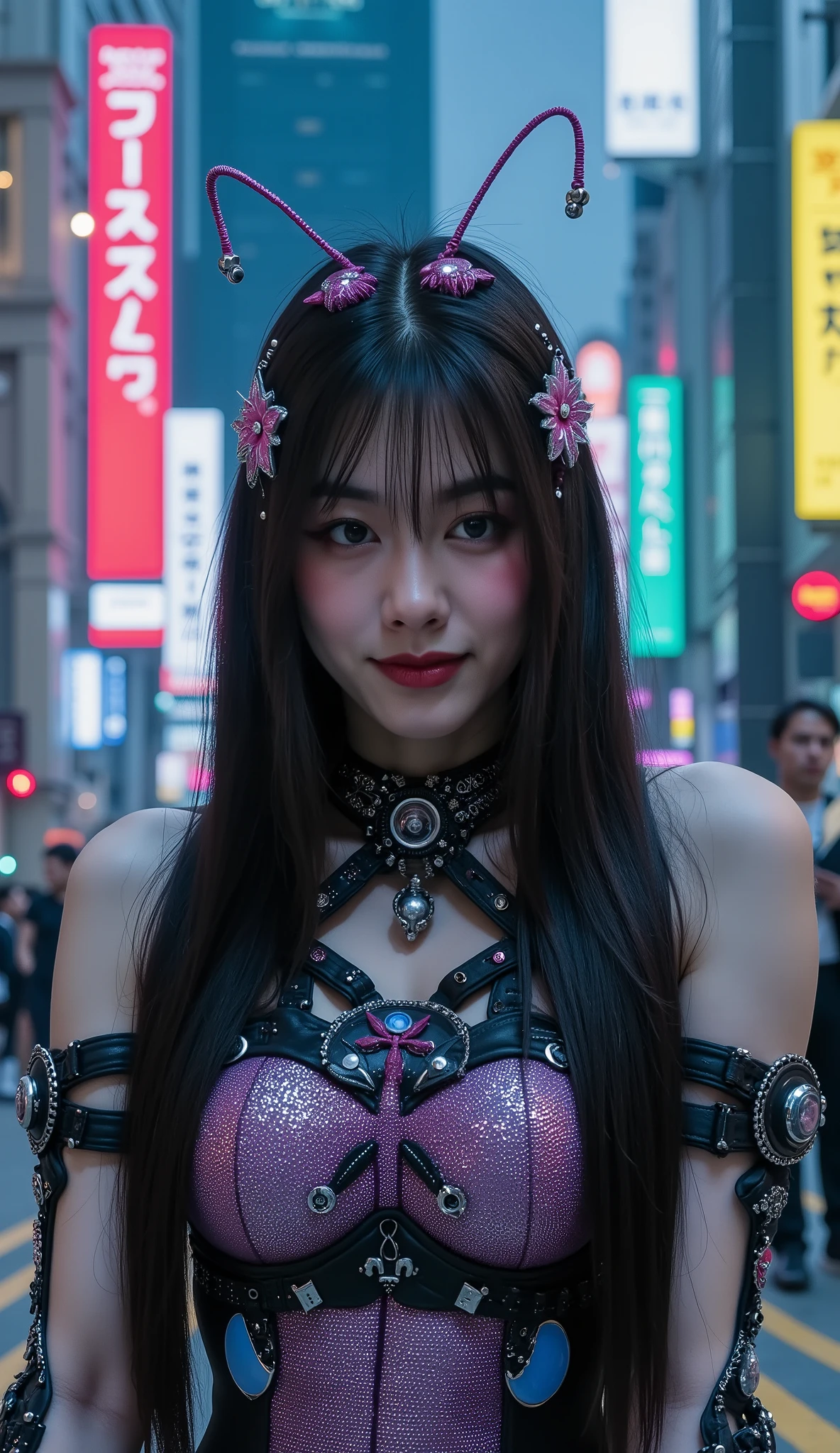 Dslr potrait selfie of beautiful woman aside relax dynamic pose in the city , wearing clotes have likely ant woman costume , large . Happy vibes beauty smile