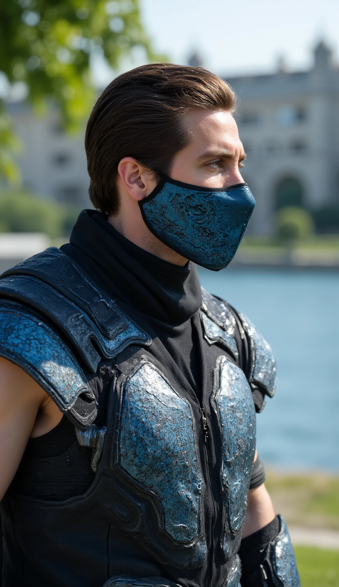 Ultra-realistic 8K cinematic portrait of Jake Gyllenhaal reimagined as Sub-Zero from Mortal Kombat, upper body close-up.
He wears a detailed black and metallic-blue armor with cold reflections, layered textures of carbon steel and frost-like patterns glowing faintly. His mask is forged from adamantium-blue metal, engraved with icy runes and thin energy lines pulsing beneath the surface.
Behind him, a luxurious modern hotel blends with a natural park scene — green grass, a large tree with softly moving leaves, and a crystal-clear blue lake shimmering under daylight.
The background is blurred slightly (bokeh depth) but remains hyper-realistic, with sunlight reflecting on the water and subtle frost particles floating in the air around him.
Natural daylight illumination with cinematic balance of cool blue and soft white tones; realistic skin texture, metallic reflections, and fine detail on fabric and armor.
Vertical composition (9:16), live-action realism, epic tone, ultra-detailed 8K clarity, no text, no watermark.