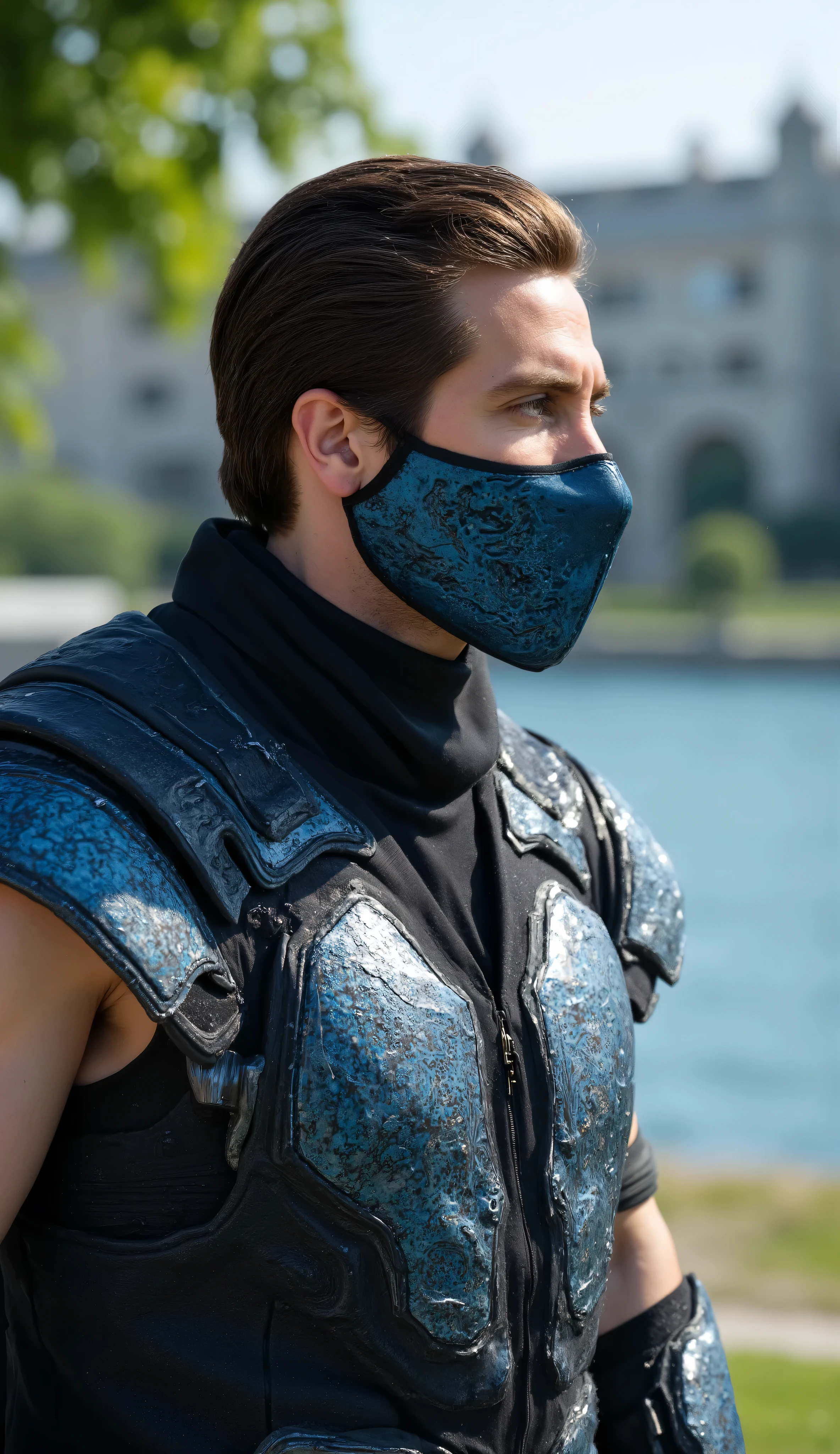 Ultra-realistic 8K cinematic portrait of Jake Gyllenhaal reimagined as Sub-Zero from Mortal Kombat, upper body close-up.
He wears a detailed black and metallic-blue armor with cold reflections, layered textures of carbon steel and frost-like patterns glowing faintly. His mask is forged from adamantium-blue metal, engraved with icy runes and thin energy lines pulsing beneath the surface.
Behind him, a luxurious modern hotel blends with a natural park scene — green grass, a large tree with softly moving leaves, and a crystal-clear blue lake shimmering under daylight.
The background is blurred slightly (bokeh depth) but remains hyper-realistic, with sunlight reflecting on the water and subtle frost particles floating in the air around him.
Natural daylight illumination with cinematic balance of cool blue and soft white tones; realistic skin texture, metallic reflections, and fine detail on fabric and armor.
Vertical composition (9:16), live-action realism, epic tone, ultra-detailed 8K clarity, no text, no watermark.
