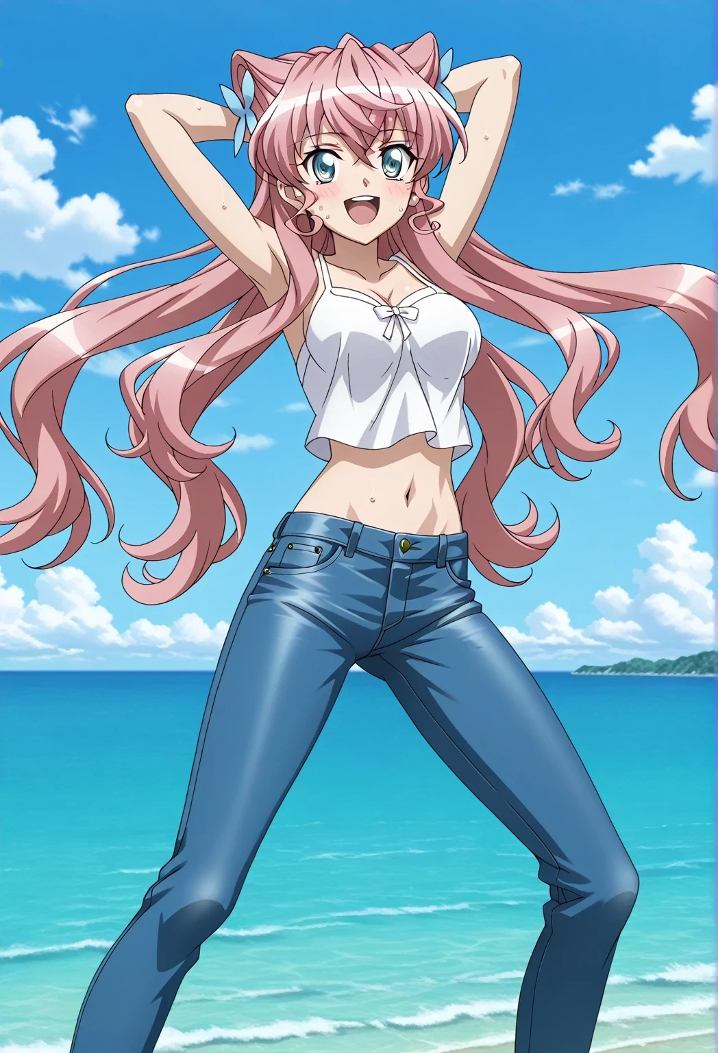score_9, score_8_up, score_7_up, source_anime, highres, hi res, ((best quality, top quality, perfect quality, Highest Quality, amazing quality)), {{masterpiece}}, {{an extremely delicate and beautiful}}, 2d, intricate details, official style, anime, 8k, anime style, official_anime, official art, digital painting, cell shading, soft shading, high resolution, soothing tones, Subdued Color, Soft cinematic light, adobe lightroom, photolab, HDR, intricately and hyper-detailed, ((high quality animation)), 1 girl, Alone, solo, ((ocean)), tsunami, on the water, day, sunny, outdoors, sky, windy, Maria Cadenzavna Eve, senki zessho symphogear, pink hair, long hair, mariagear long hair,  blue eyes, ,hair ornament, anime screencap, , white camisole top, crop top, white crop top, best quality, hyper-detailed jeans, ((blue jeans:1.9)), (dark blue jeans:0.6), full medium body, medium shot, Open mouth, smiling, happy face, blush, sweat, standing, ((arms behind head:6.0)), ((perfect arm line:2.5)), bowlegged, sliding pose, action, looking at viewer, , Bend knees slightly, straight-on front view