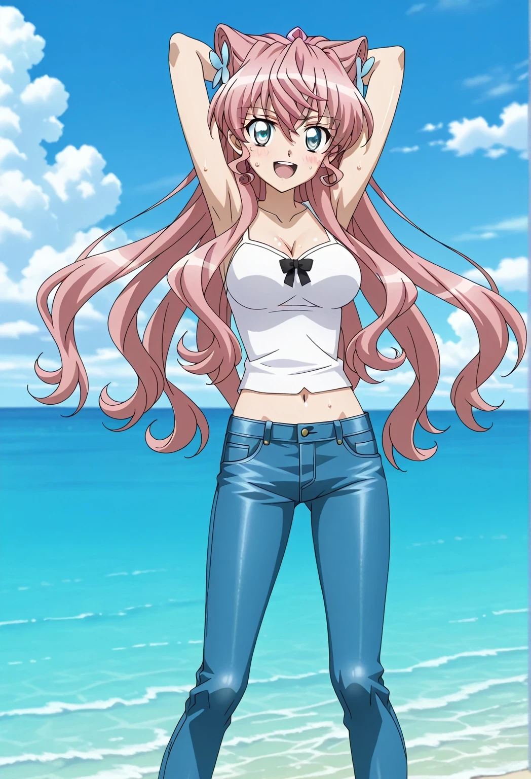 score_9, score_8_up, score_7_up, source_anime, highres, hi res, ((best quality, top quality, perfect quality, Highest Quality, amazing quality)), {{masterpiece}}, {{an extremely delicate and beautiful}}, 2d, intricate details, official style, anime, 8k, anime style, official_anime, official art, digital painting, cell shading, soft shading, high resolution, soothing tones, Subdued Color, Soft cinematic light, adobe lightroom, photolab, HDR, intricately and hyper-detailed, ((high quality animation)), 1 girl, Alone, solo, ((ocean)), tsunami, on the water, day, sunny, outdoors, sky, windy, Maria Cadenzavna Eve, senki zessho symphogear, pink hair, long hair, mariagear long hair,  blue eyes, ,hair ornament, anime screencap, , white camisole top, crop top, white crop top, best quality, hyper-detailed jeans, ((blue jeans:1.9)), (dark blue jeans:0.6), full medium body, medium shot, Open mouth, smiling, happy face, blush, sweat, standing, ((arms behind head:6.0)), ((perfect arm line:2.5)), bowlegged, sliding pose, action, looking at viewer, , Bend knees slightly, straight-on front view