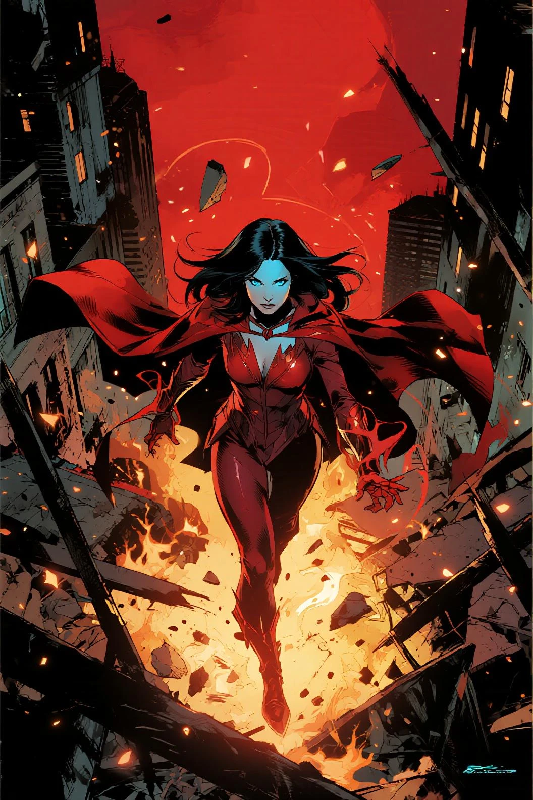 <lora:Ligthning_IL:0.8> mad-lghtnng, An empowering woman superhero soaring through dark, stormy clouds, her red leotard and cape flowing dramatically in the wind. She wears tall, sleek boots, her dynamic pose exuding strength and confidence as lightning flashes around her. The turbulent skies and rolling storm clouds emphasize her power and determination as she flies with grace and unwavering resolve