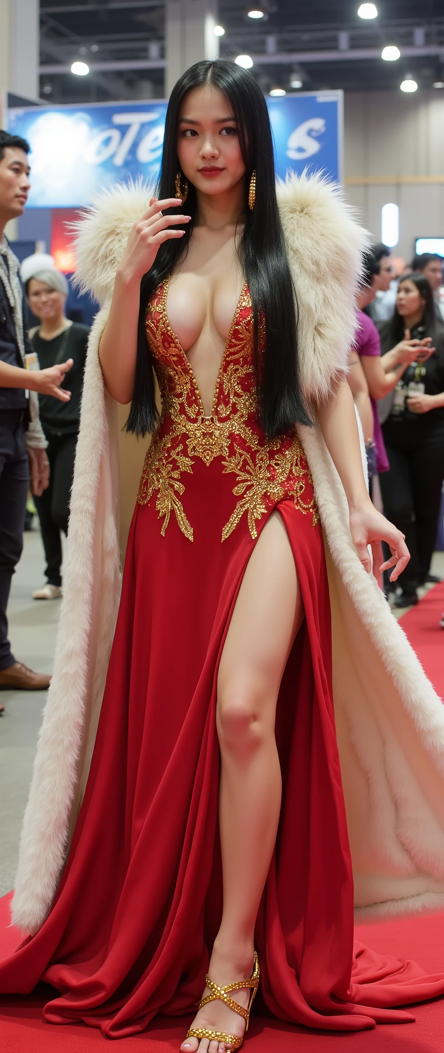 "A stunning and regal young woman confidently walks through a bright indoor public space, dressed in a highly detailed and Boa Hancock cosplay from One Piece. She wears a revealing, elegant red and gold dress with a deep plunging neckline, high slits on both sides that expose her long, flawless legs, and intricate gold embroidery that shimmers under the lights. A luxurious white fur-trimmed cape flows behind her, emphasizing her royal presence. She wears golden high-heeled sandals that enhance her poised and graceful stride.
Her long, silky black hair cascades down her back, perfectly straight and glossy. She wears her signature golden snake earrings, adding a touch of exotic beauty. Her striking blue eyes radiate confidence, arrogance, and allure, with a smirk on her lips that suggests she knows the world adores her. Her flawless, porcelain-like skin glows under the lights, making her appear almost otherworldly in beauty.
She casually tilts her head, playfully touching her chin with one delicate finger, while her other hand rests on her hip, exuding dominance and .
The background is a bright, well-lit convention or cosplay event, with people faintly visible in the distance, dressed in various costumes, emphasizing the lively and exciting atmosphere. Some admirers seem mesmerized by her presence, reinforcing her legendary beauty.
The image is captured in ultra-realistic detail, showcasing lifelike skin textures, realistic lighting that casts soft highlights and shadows, and vibrant colors that make her outfit and aura feel truly captivating and regal."