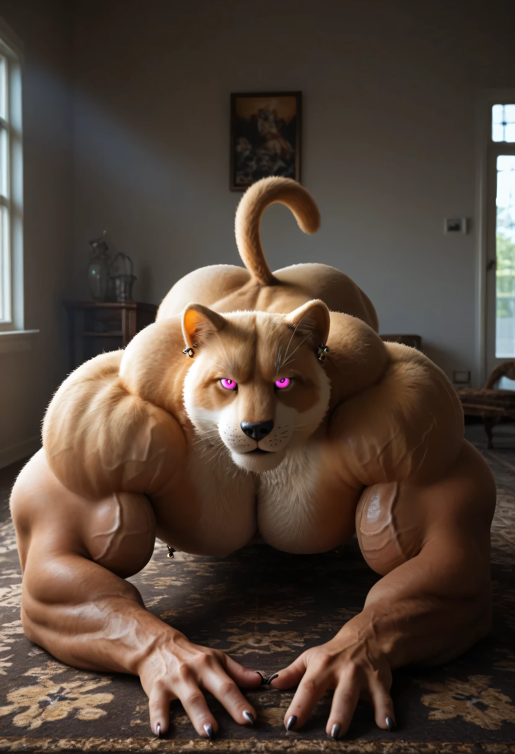 Masterpiece, (photorealistic style), 4k, absurdres, RAW photo, full body photo:1.4, perfectly correct anatomy, realistic, very Awa, detailed background, natural lighting, shadows, colors, clear facial features, detailed background, intricate details. (furry:1.5), 1boy, (Huge Adult Male muscular bara Doll-like Banette from Pokemon:1.6), Huge Man, Black Stitched Fabric Body, Black Stitched Fabric Fur, Detail Fur, Human-like Zipper mouth, (Huge Hyper Veiny Bulging Muscle:1.5), Huge Bodybuilder Physique, Huge Bulging Pectoral, Huge Wide Broad Chest, Huge Bulging Abs, Huge Wide Broad Shoulders, Huge Wide Broad Back. (Detail Glowing Purplish-Pink Eyes with narrow, vertical pupils, emission strictly limited to pupils:1.4), Black Sclera, (Bara Furry Chiseled Male Handsome Manly Banette Face:1.6), strong square jawline, chiseled cheekbones, tough appearance, Huge Muscular Butt. Nipple Piercings:1.4, Ear piercings:1.4, Rings:1.4, Realistic Human Hands, Natural palm color:1.5, 5 fingers:1.5, Claws, Realistic human feet, 5 toes:1.5, Natural Soles of Feet Color:1.5, huge size 25 feet:1.5, 10 feet tall. In a Realistic derelict bedroom—peeling wallpaper, broken furniture, dusty floor, at night, moonlight through cracked windows, solo, lying on stomach, front view, hand on his own cheek, focus face, close up face, smug expression. Uncensored.