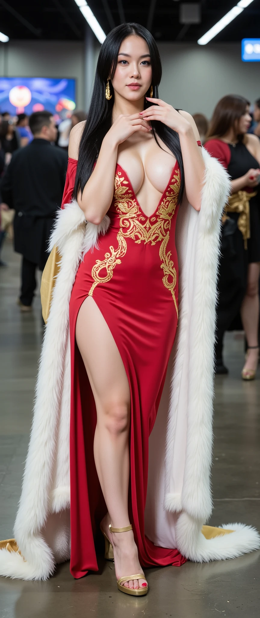 "A stunning and regal young woman confidently walks through a bright indoor public space, dressed in a highly detailed and Boa Hancock cosplay from One Piece. She wears a revealing, elegant red and gold dress with a deep plunging neckline, high slits on both sides that expose her long, flawless legs, and intricate gold embroidery that shimmers under the lights. A luxurious white fur-trimmed cape flows behind her, emphasizing her royal presence. She wears golden high-heeled sandals that enhance her poised and graceful stride.
Her long, silky black hair cascades down her back, perfectly straight and glossy. She wears her signature golden snake earrings, adding a touch of exotic beauty. Her striking blue eyes radiate confidence, arrogance, and allure, with a smirk on her lips that suggests she knows the world adores her. Her flawless, porcelain-like skin glows under the lights, making her appear almost otherworldly in beauty.
She casually tilts her head, playfully touching her chin with one delicate finger, while her other hand rests on her hip, exuding dominance and .
The background is a bright, well-lit convention or cosplay event, with people faintly visible in the distance, dressed in various costumes, emphasizing the lively and exciting atmosphere. Some admirers seem mesmerized by her presence, reinforcing her legendary beauty.
The image is captured in ultra-realistic detail, showcasing lifelike skin textures, realistic lighting that casts soft highlights and shadows, and vibrant colors that make her outfit and aura feel truly captivating and regal."