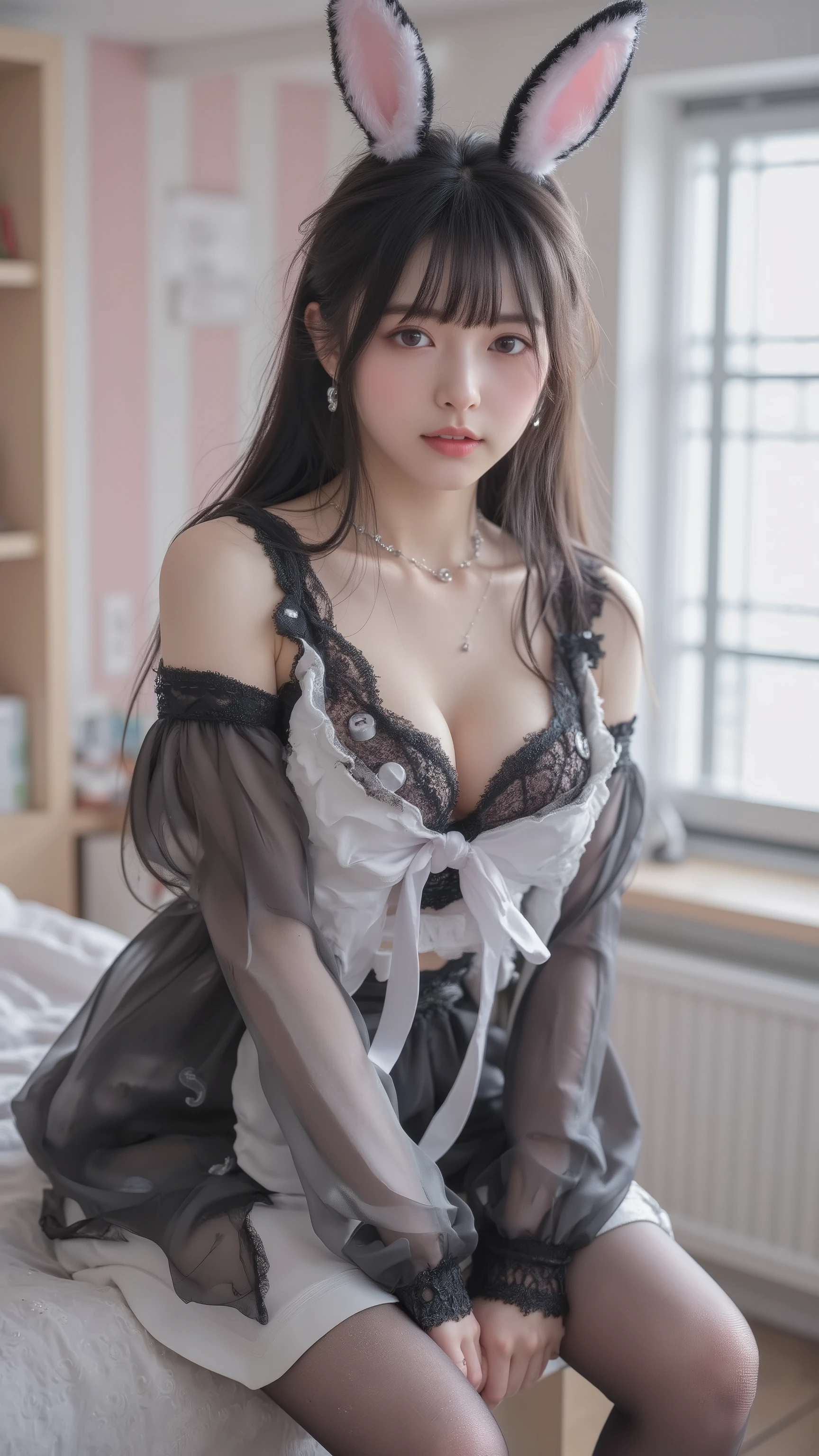 JP,JP1,,JPp,,Sliding Areolas,JP,JP,(masterpiece, Highest Quality:1.2), 1girl, solo,young woman with long black hair and bangs, is wearing a black and white bunny costume、with a bow tie and buttons, Paired with lace stockings、A room with vertical pink and white stripes, Soft Room Lighting, Shelf in the background.