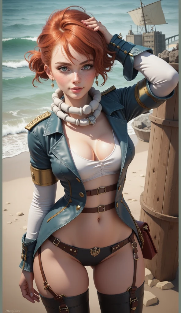 gwen tennyson,tracer,yorha 2b,sinon, rebecca chambers,reisalin stout,pirate outfit,beach,teenager,green eyes,thigh high boots,garter belt,striped panties, short hair,orange hair,pirate ship,shy smile,white striped top,tight skirt,wet shirt,freckles,redhead,pirate corset,pirate jacket,beautiful girl,large breasts,ultra detailed,realistic,pearl earrings,long scarf,