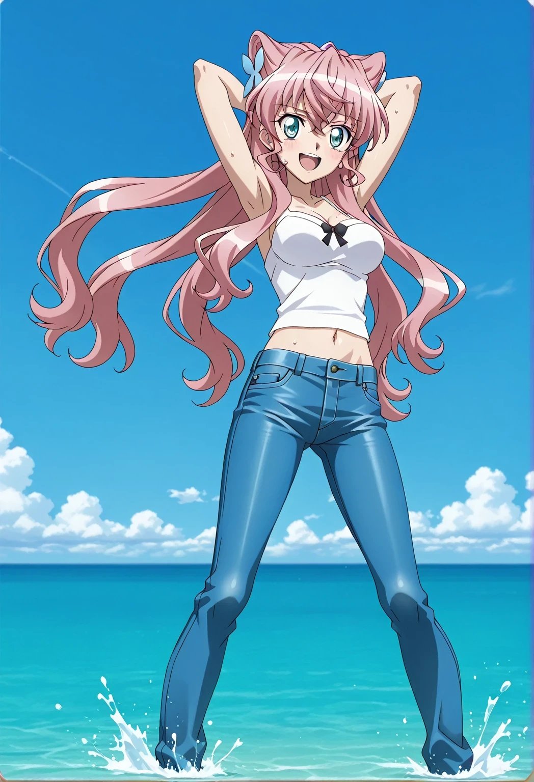 score_9, score_8_up, score_7_up, source_anime, highres, hi res, ((best quality, top quality, perfect quality, Highest Quality, amazing quality)), {{masterpiece}}, {{an extremely delicate and beautiful}}, 2d, intricate details, official style, anime, 8k, anime style, official_anime, official art, digital painting, cell shading, soft shading, high resolution, soothing tones, Subdued Color, Soft cinematic light, adobe lightroom, photolab, HDR, intricately and hyper-detailed, ((high quality animation)), 1 girl, Alone, solo, ((ocean)), tsunami, on the water, day, sunny, outdoors, sky, windy, Maria Cadenzavna Eve, senki zessho symphogear, pink hair, long hair, mariagear long hair, blue eyes, ,hair ornament, anime screencap, , white camisole top, crop top, white crop top, best quality, hyper-detailed jeans, ((blue jeans:1.9)), (dark blue jeans:0.6), full medium body, medium shot, Open mouth, smiling, happy face, blush, sweat, standing, ((arms behind head:6.0)), ((perfect arm line:2.5)), bowlegged, sliding pose, action, looking at viewer, , Bend knees slightly, straight-on front view